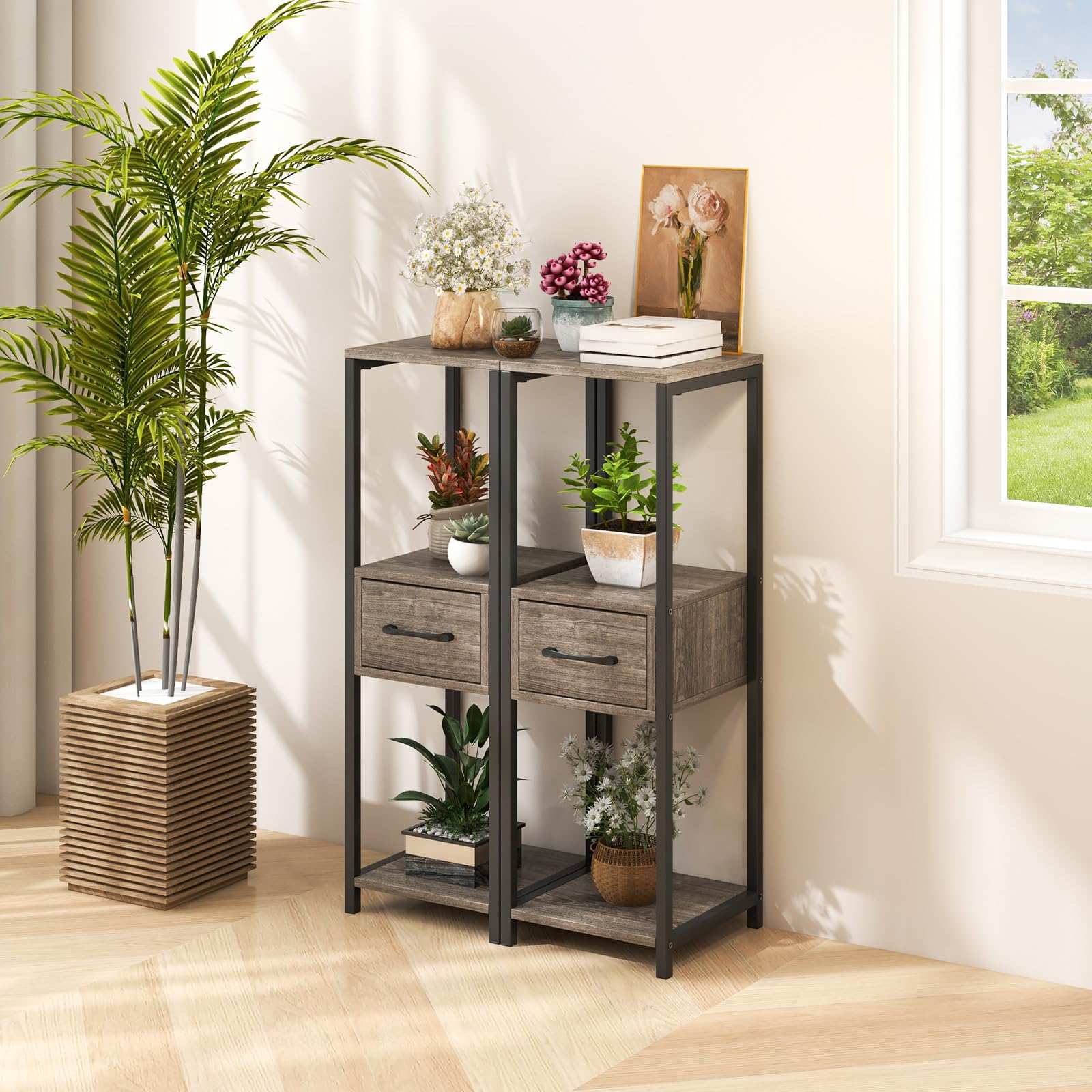 Giantex 3 Tier Tall Plant Stand Indoor, 36 Inch Corner Plant Holder with Drawer & Metal Frame