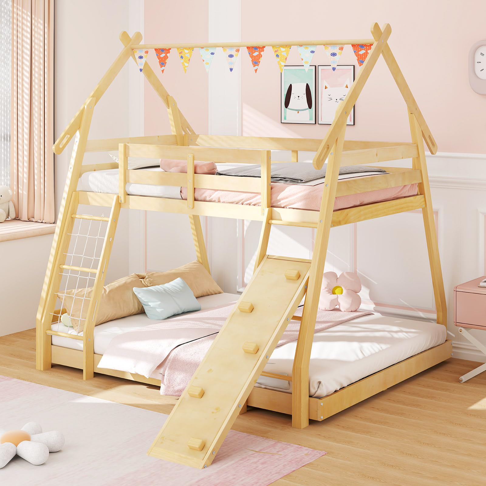 Giantex Twin Over Queen Bunk Bed, Wood House Bunk Bed for Kids with Climbing Nets and Ramp