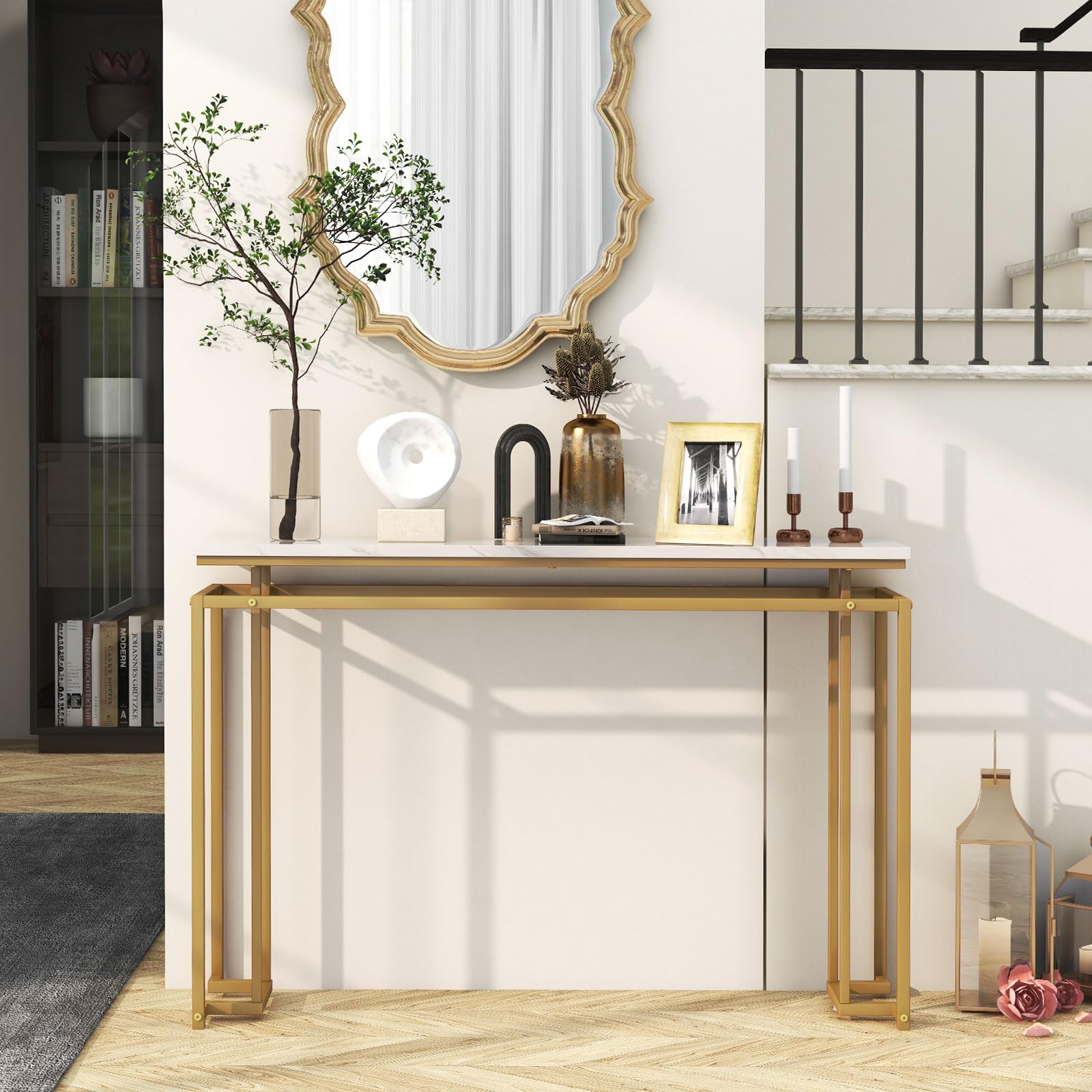 Giantex 47" Entryway Console Table - Modern Hallway Table w/Gold Metal Frame & Anti-toppling Kit