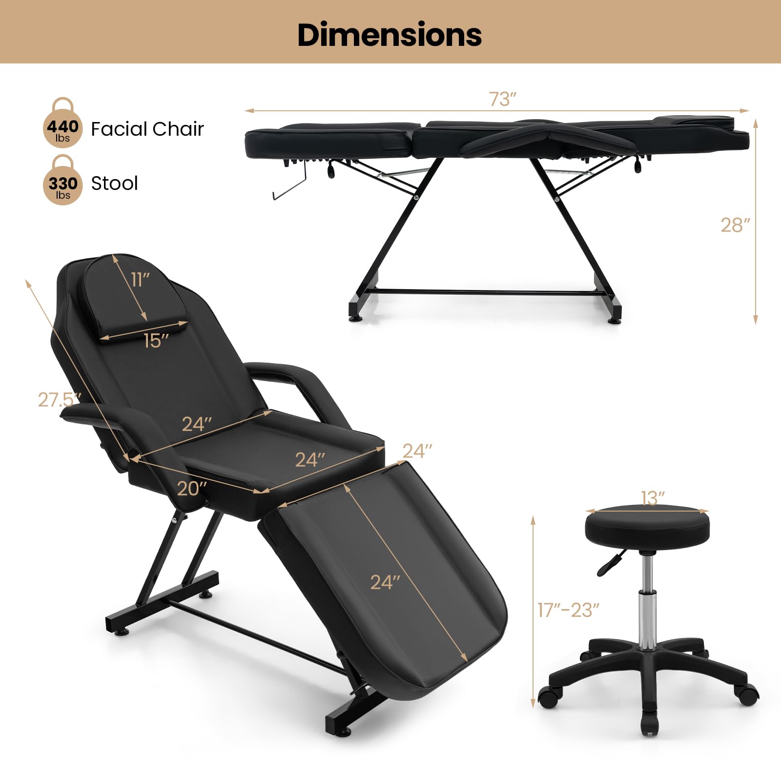 Giantex 73" Facial Chair with Hydraulic Stool, Tattoo Chair with with Adjustable Backrest & Legrest