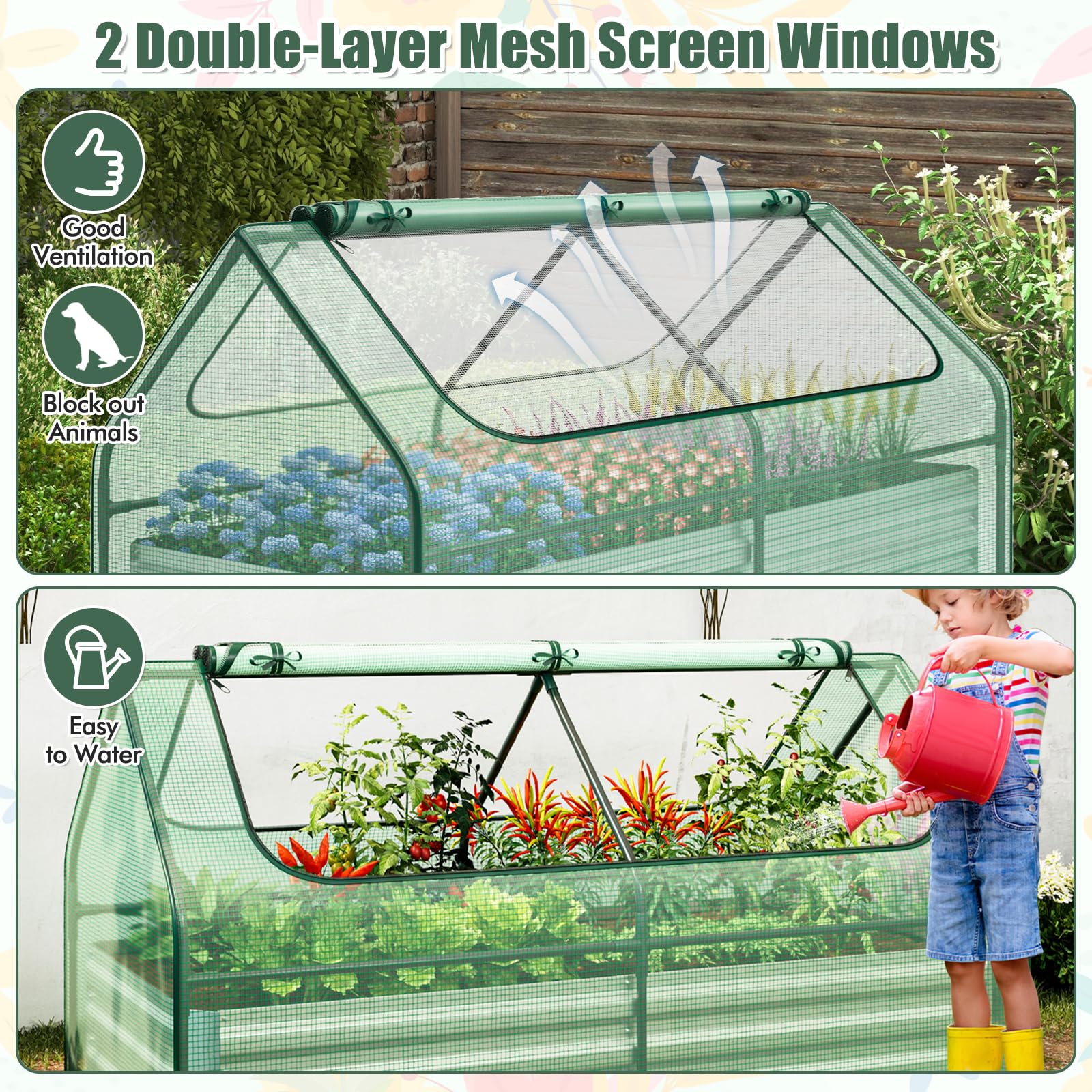 Giantex Galvanized Steel Raised Garden Bed with Mini Greenhouse, Outdoor Metal Planter Box Kit with Large Roll-up Cover