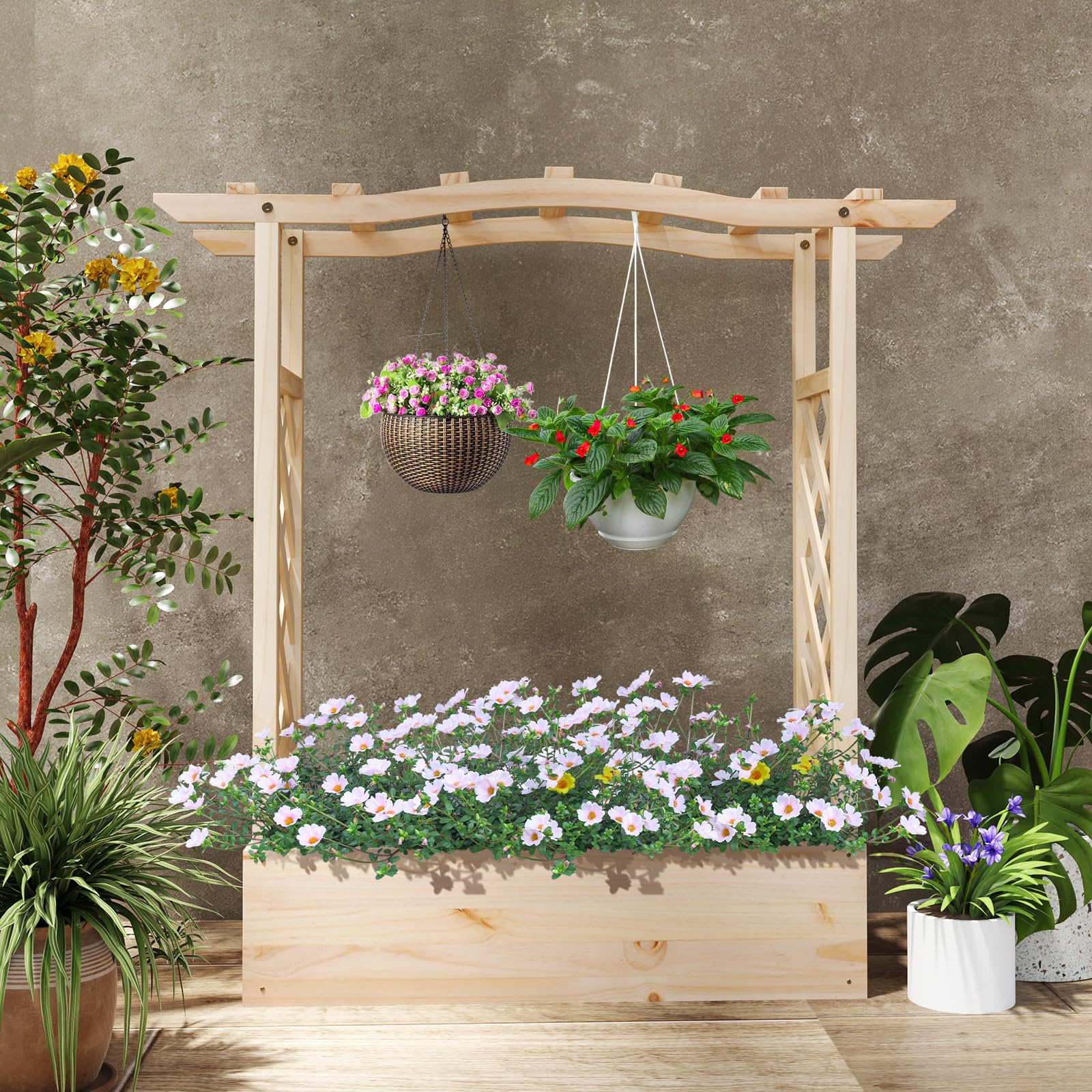 Giantex Raised Garden Bed with Sided Trellis & Hanging Roof, Wood Planter Box, 44”x14”x45” (L x W x H)