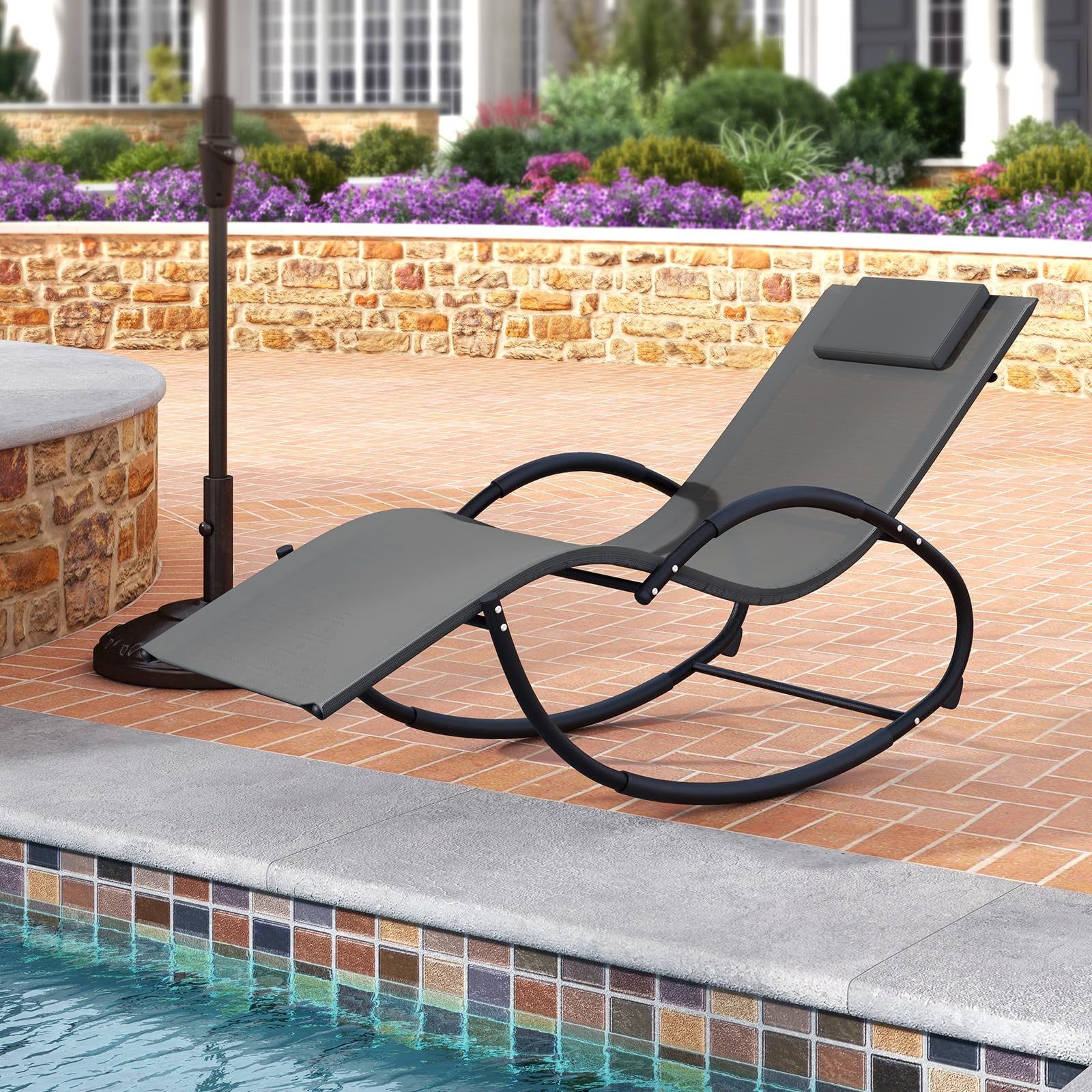 Giantex Outdoor Rocking Lounge Chair, Zero Gravity Rocking Chair with Removable Headrest, Breathable Backrest & Seat