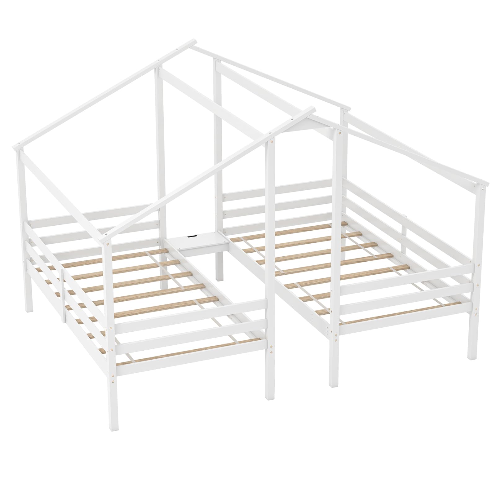 Giantex Double Twin Bed Frames for Kids, Wood House Shaped Platform with Built-in Nightstand & USB Port