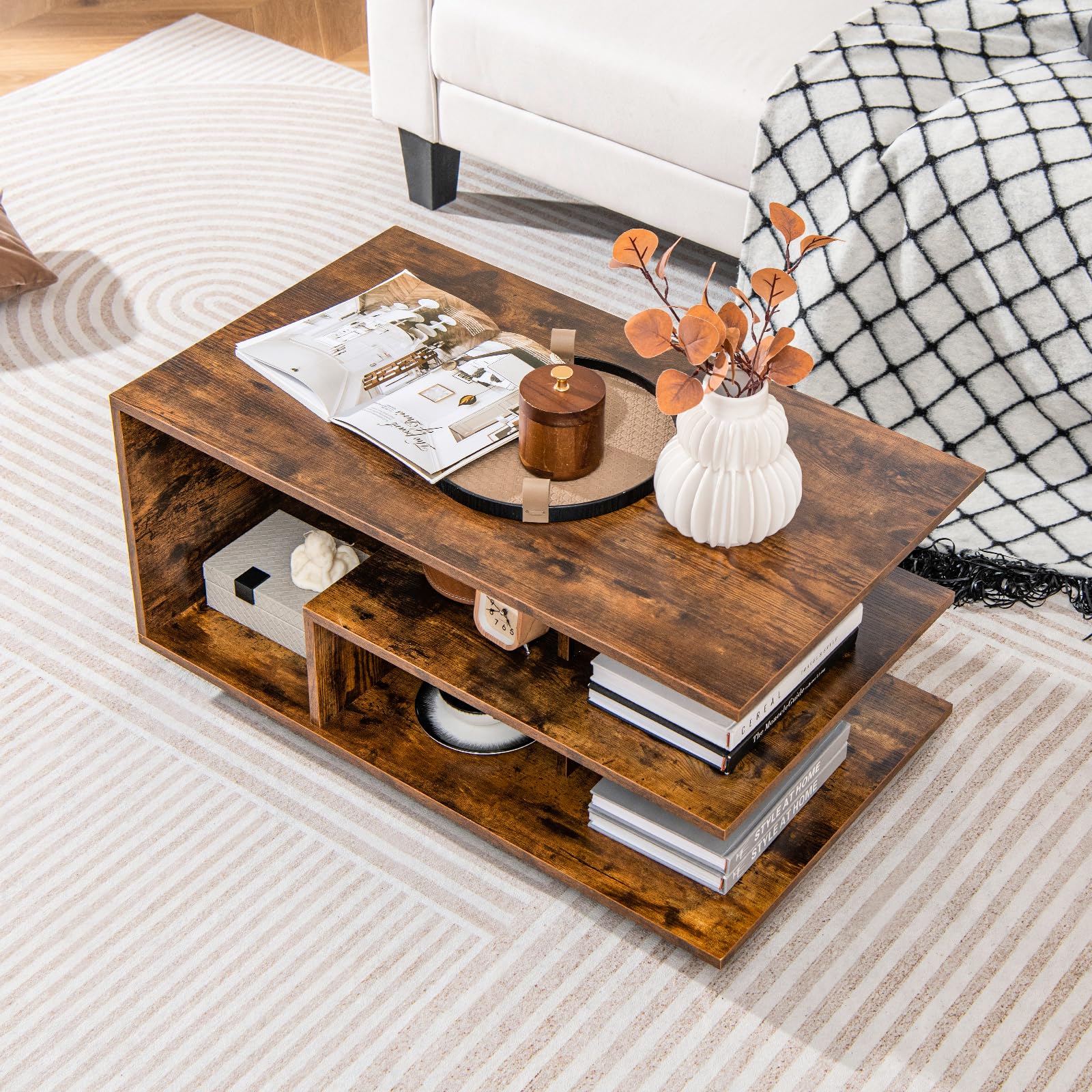 Giantex Coffee Table with Storage, Modern Rectangular Accent Table with L-shaped Middle Shelf