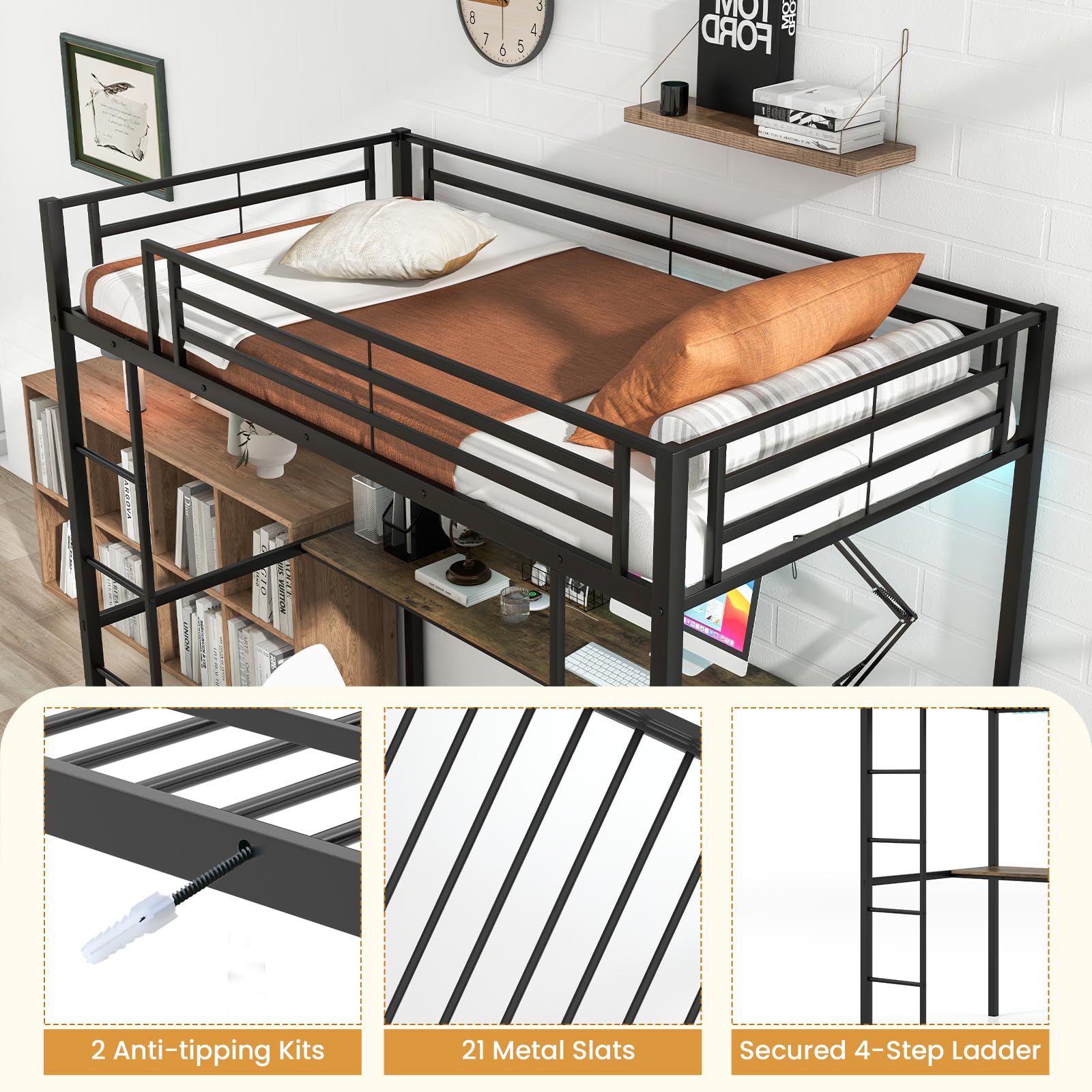 Giantex Twin Loft Bed with L-Shaped Desk, Metal Loft Bed Frame with LED Lights