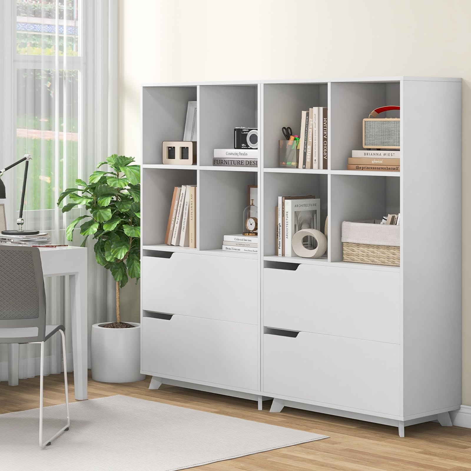 Giantex 51" Tall Bookcase with 2 Drawers, 4-Tier Open Bookshelf with 4 Storage Cubes, White