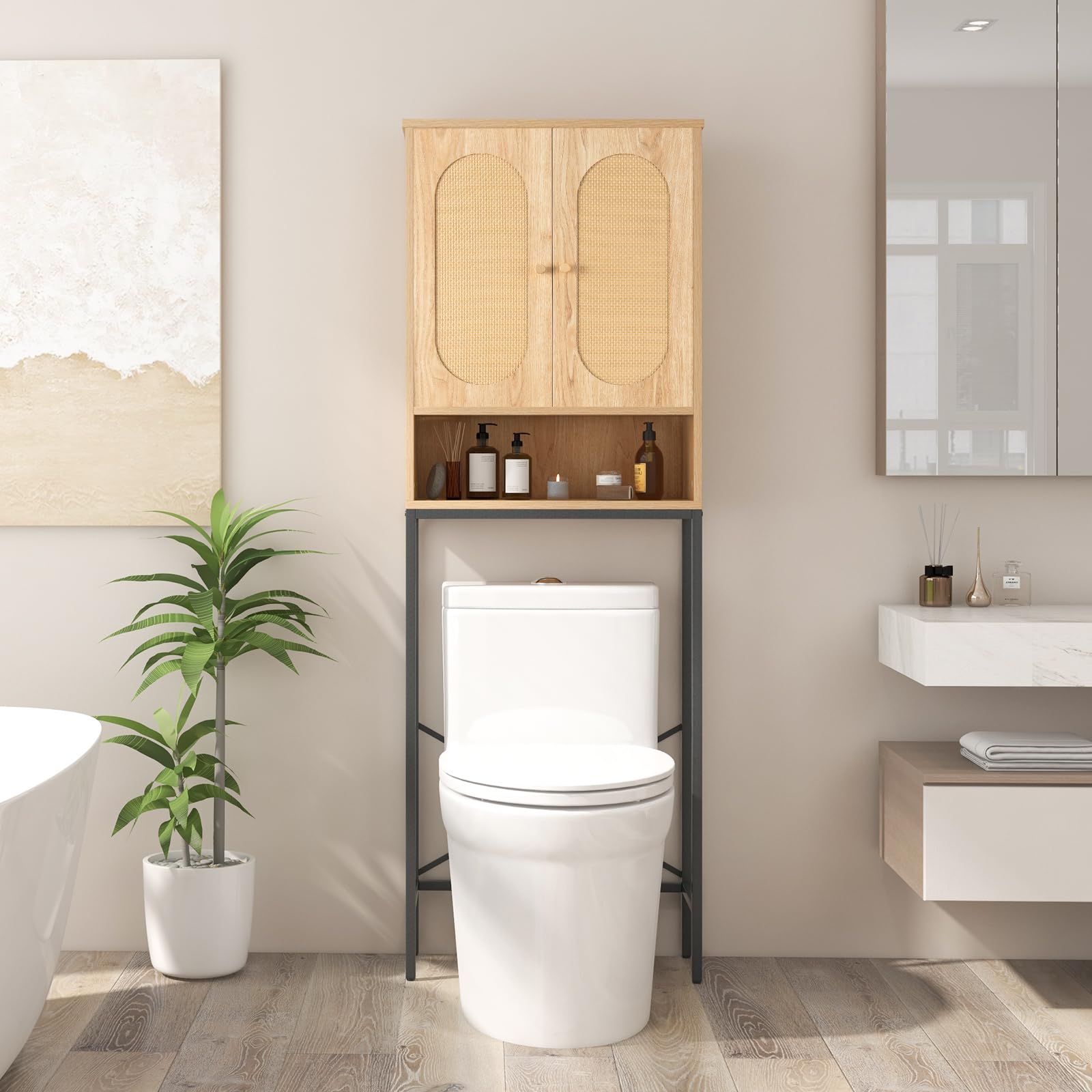 Giantex Over The Toilet Storage Cabinet - 69" Over Toilet Bathroom Organizer with Rattan Doors