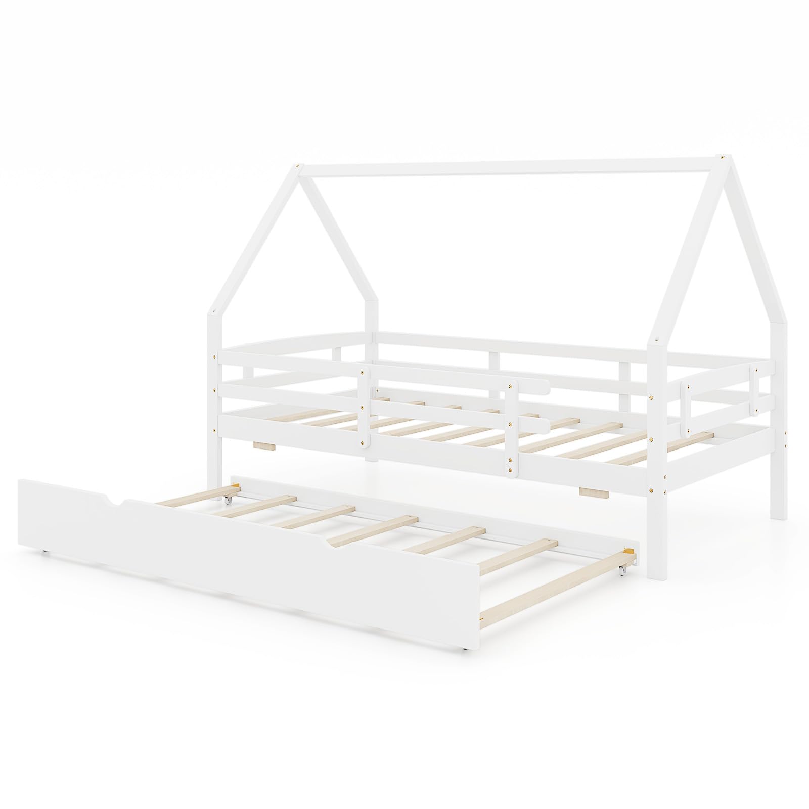 Giantex Twin House Bed with Trundle, Wood Kids Bed Frame with Roof & Fence Rails