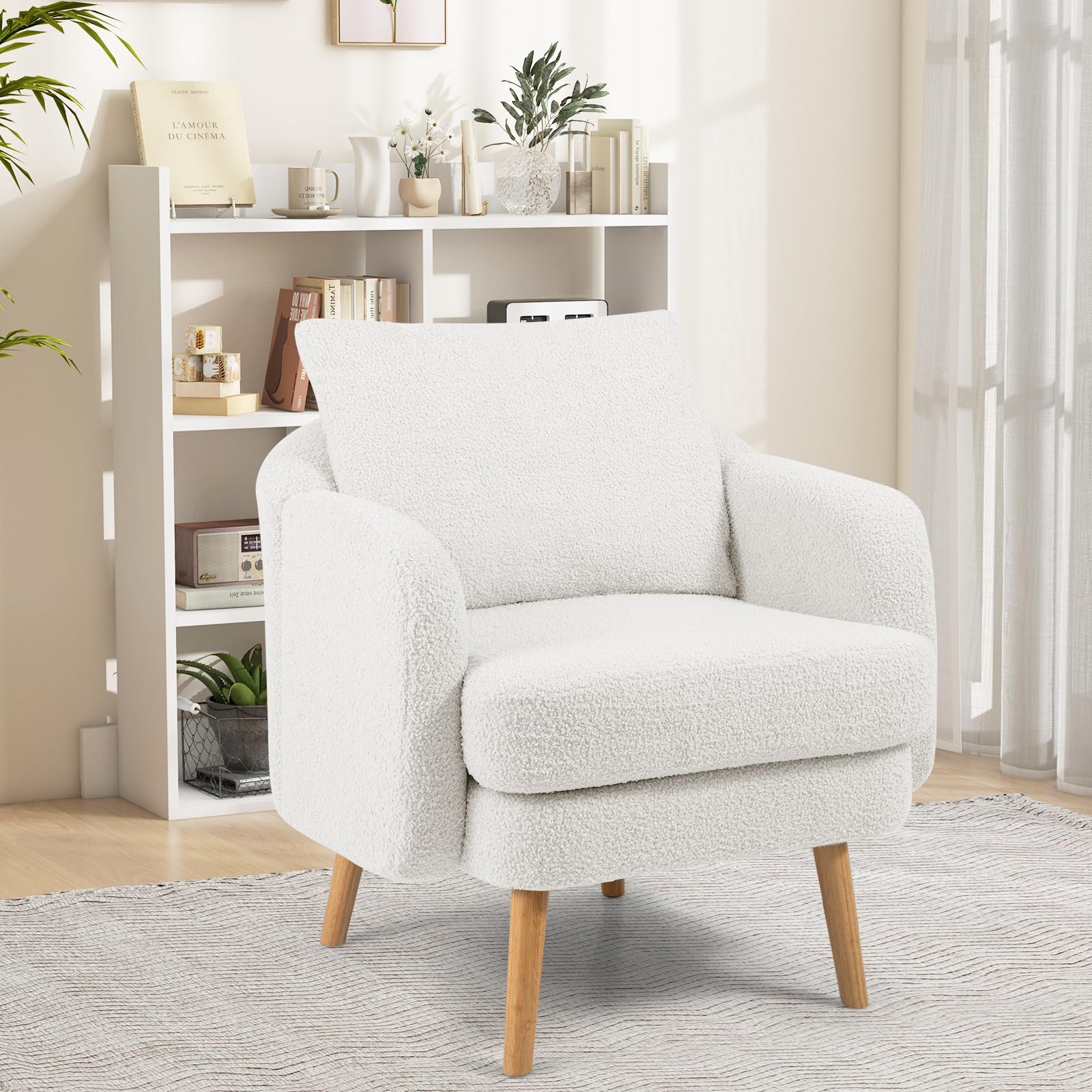 Giantex Sherpa Accent Chair, Modern Upholstered Single Sofa Chair with Back Pillow & Solid Rubber Wood Legs