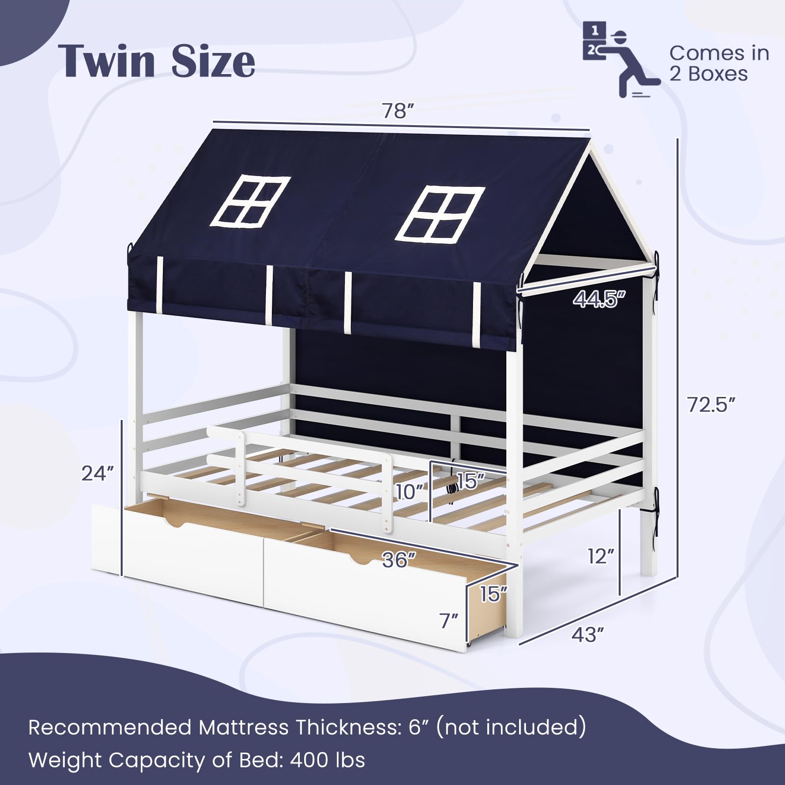 Giantex Twin House Bed with Tent, Wood Kids Bed with 2 Storage Drawers, Solid Wood Daybed Frame with Rails and Roof