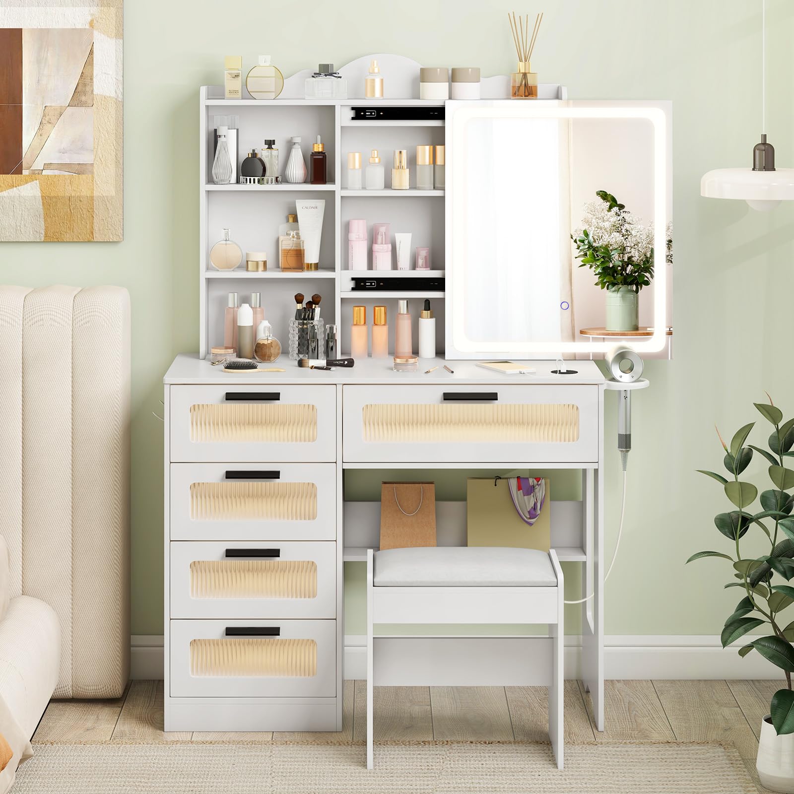 Vanity Desk with Sliding Mirror and Lights, White Makeup Vanity Desk with 5 Drawers