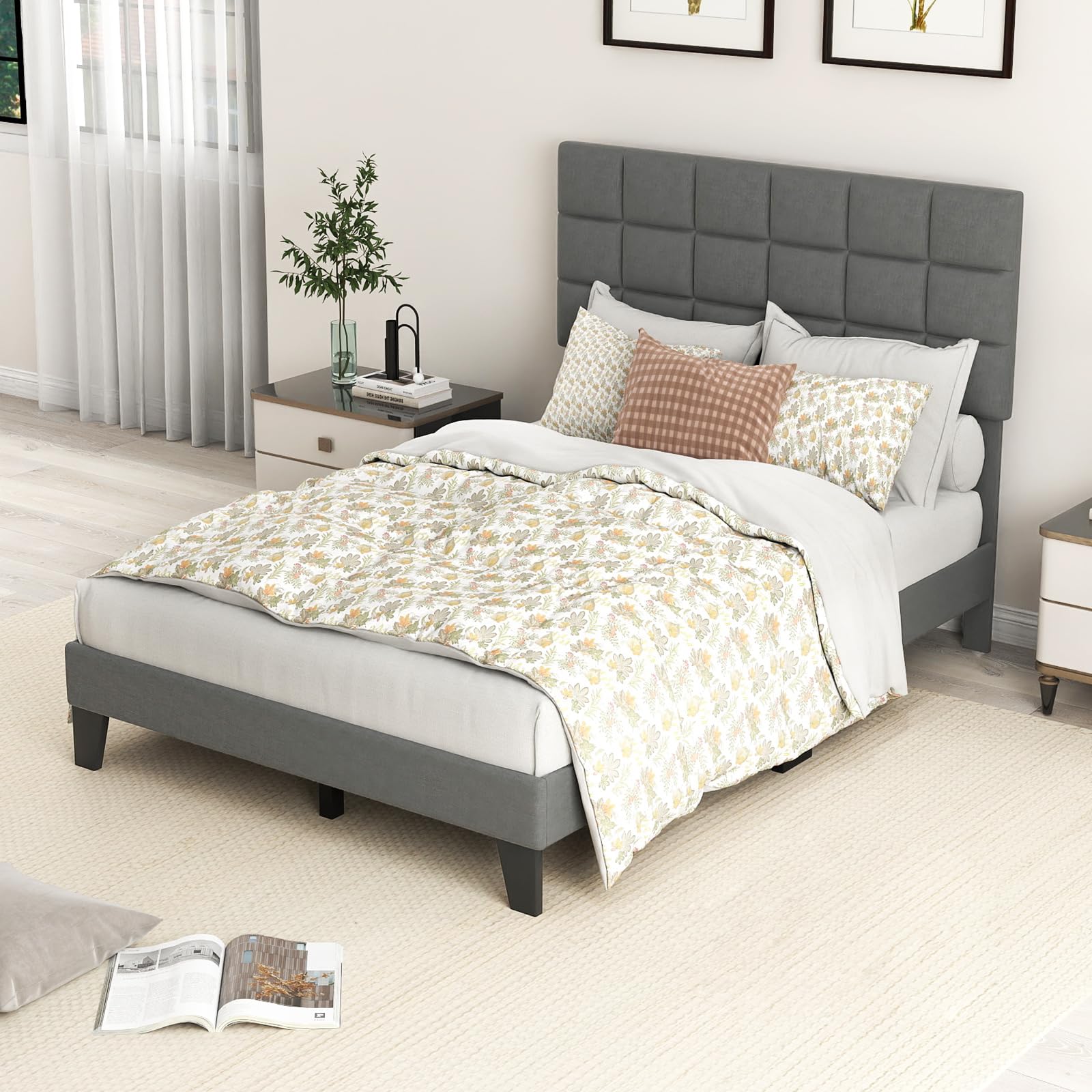 Giantex Full Size Platform Bed, Linen Fabric Upholstered Bed Frame with Adjustable Headboard & Wooden Slat Support