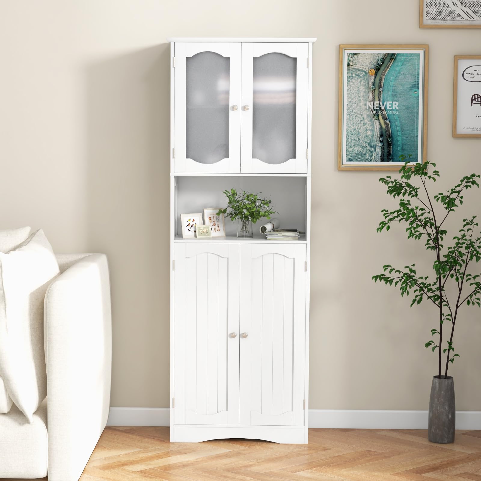 Giantex 64.5" Tall Bathroom Cabinet, Pantry Cabinet with Tempered Glass Doors, Adjustable Shelves