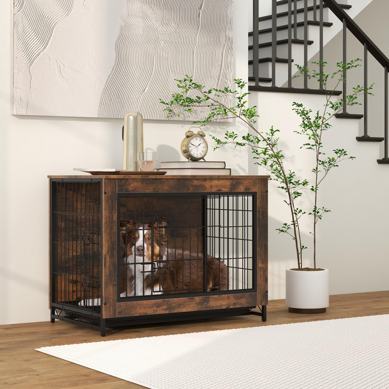 Giantex Dog Crate Furniture - Dog Kennel Side Table with Double Doors & Removable Pull-Out Tray