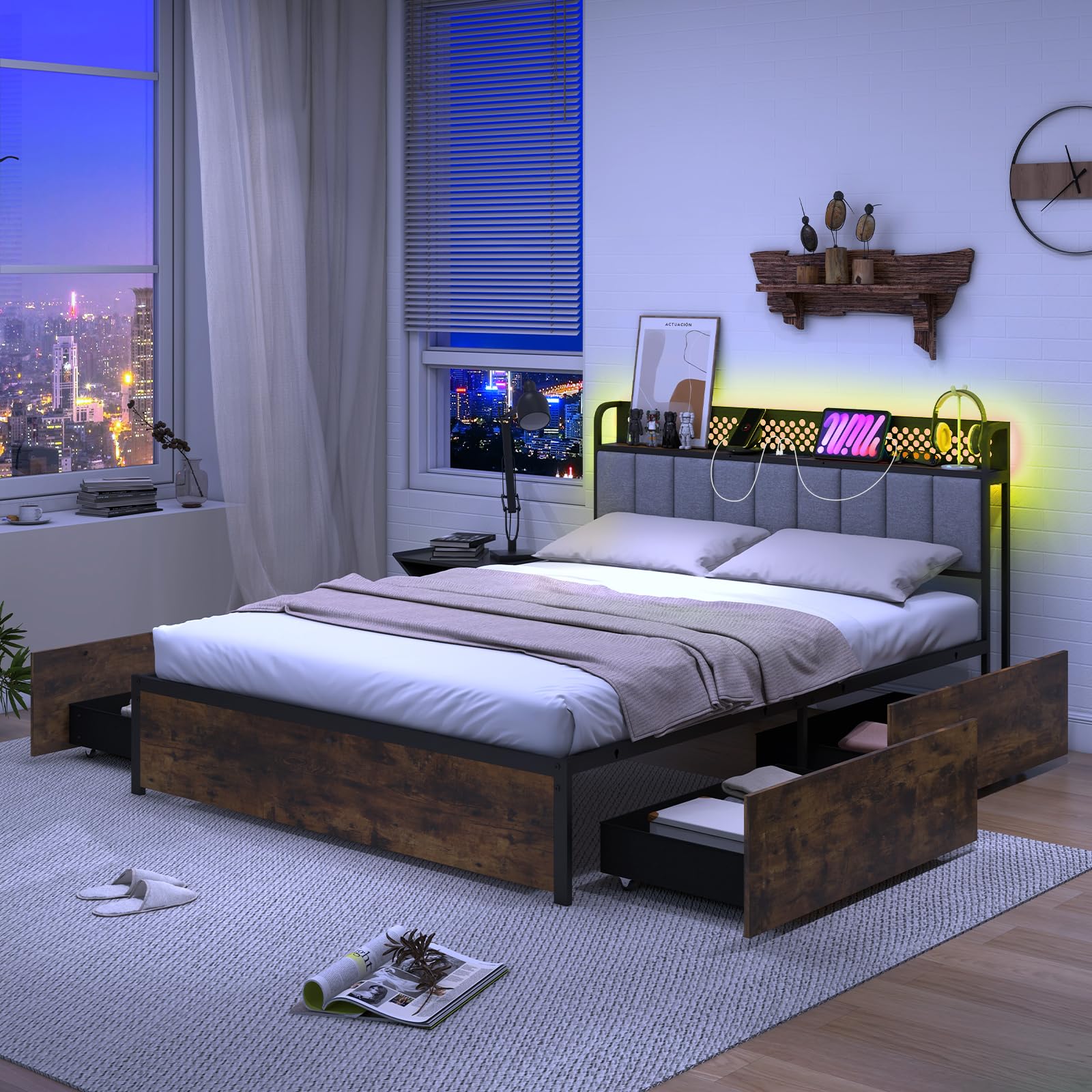 Giantex LED Bed Frame with Charging Station, Metal Platform Bed with Upholstered Headboard & 4 Storage Drawers