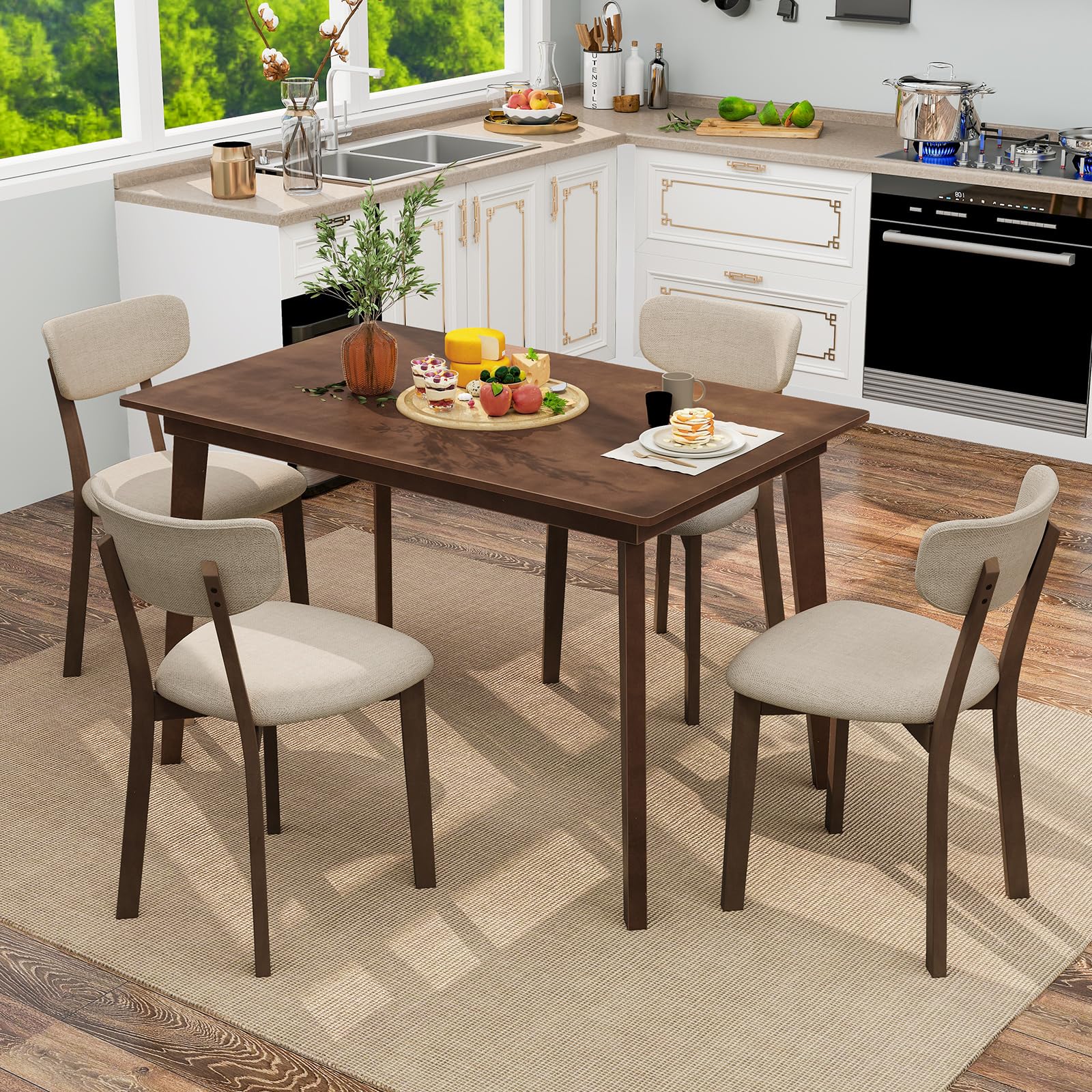 Giantex 5-Piece Dining Table Set for 4, Kitchen Table Set with 48” Dinner Table, Padded Seat, Rubber Wood Legs