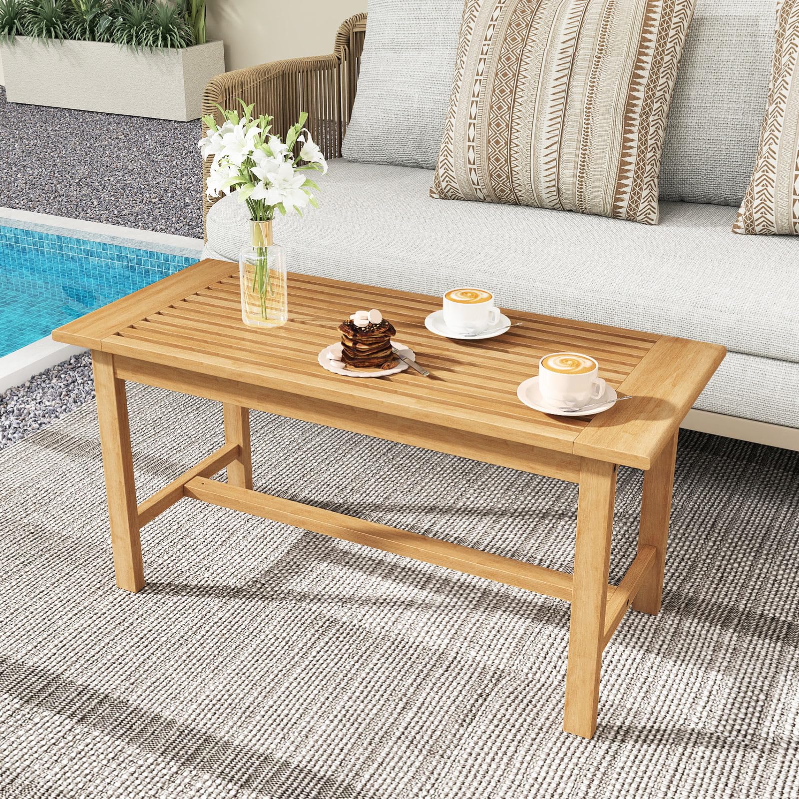 Giantex Teak Wood Patio Coffee Table - 36” Rectangular Outside Side Table with Slatted Tabletop