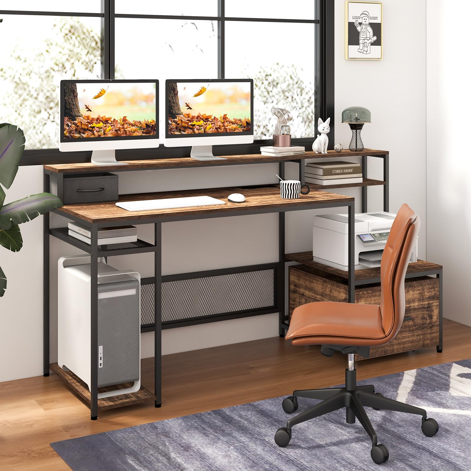 Giantex 67" Computer Desk with File Drawers Cabinet, Home Office Desk with Monitor Stand