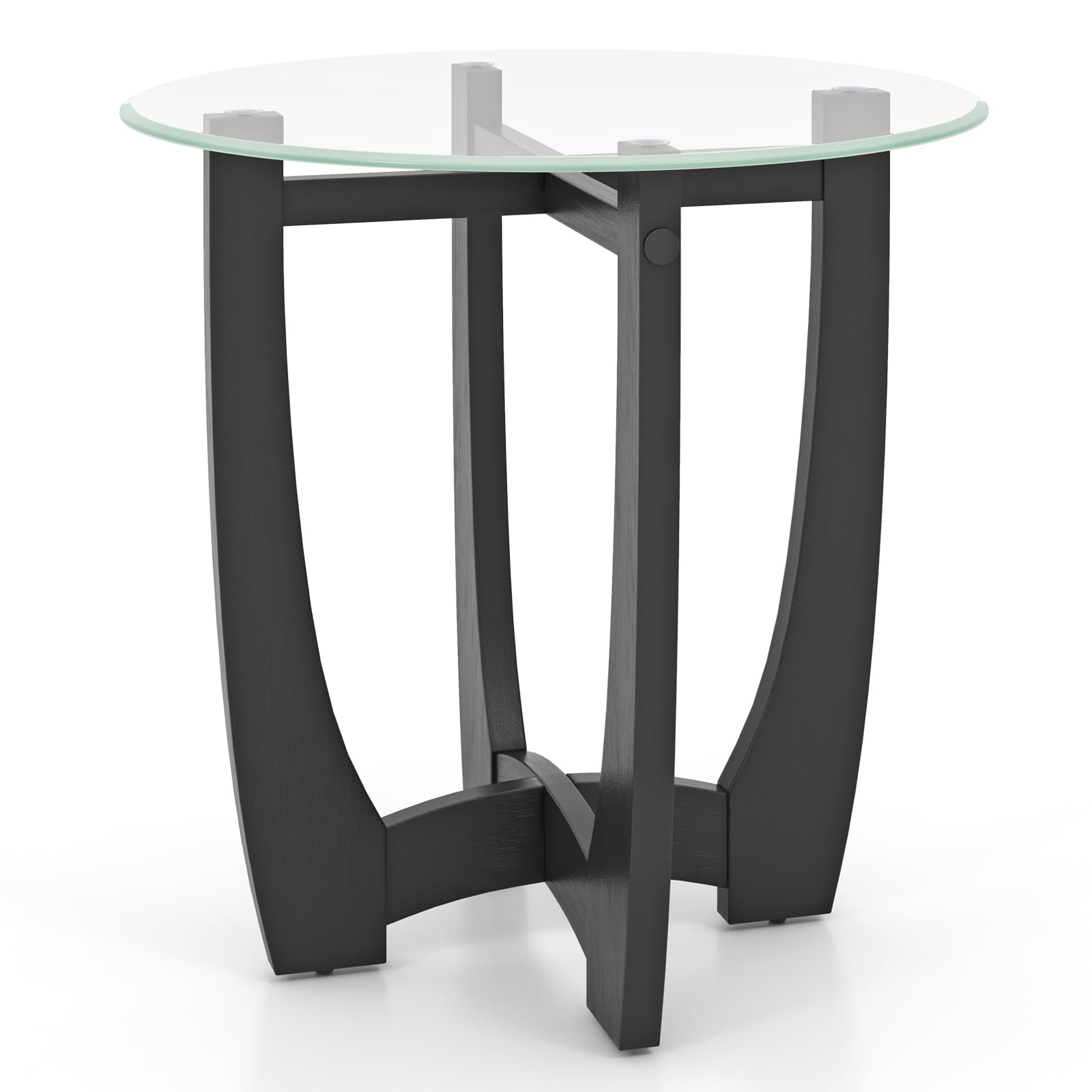 Giantex Glass End Table, Round Side Table with Rubber Wood Frame & Tempered Glass Top, 23.5" Small Black Coffee Table