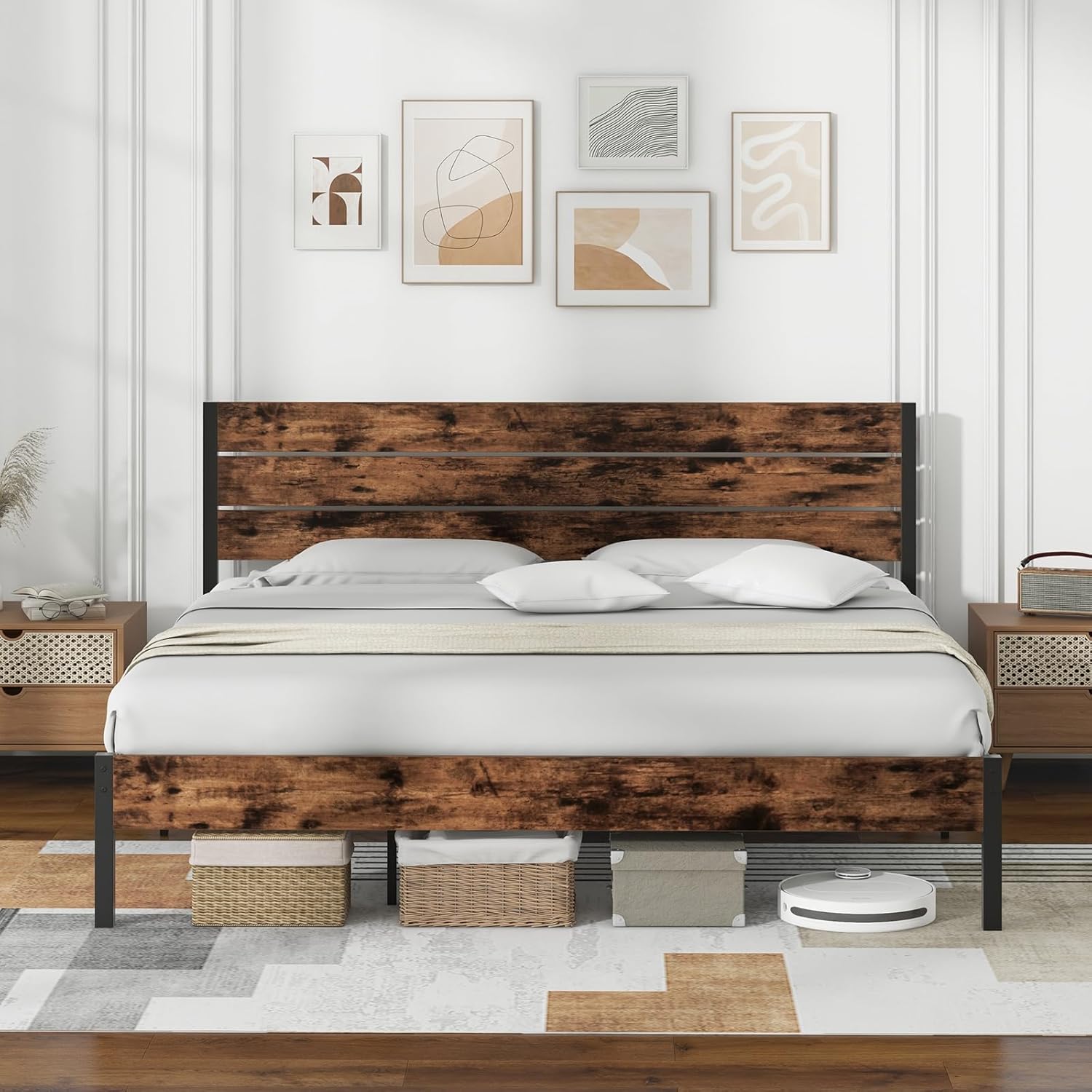 Giantex Metal Platform Bed Frame, Industrial Bed Frames with Wood Headboard