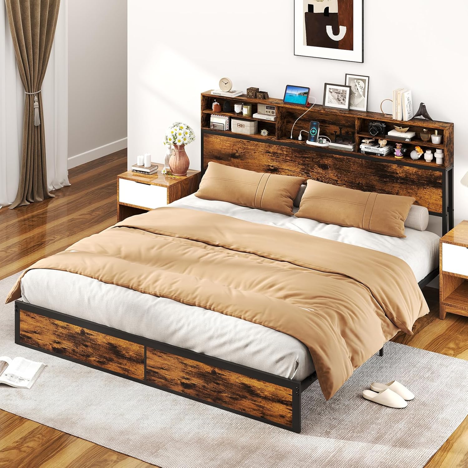 Giantex Bed Frame with Storage Headboard and Charging Station, Industrial Metal Platform Bed