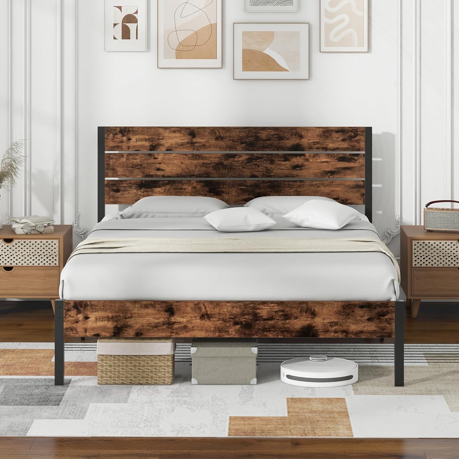 Giantex Metal Platform Bed Frame, Industrial Bed Frames with Wood Headboard