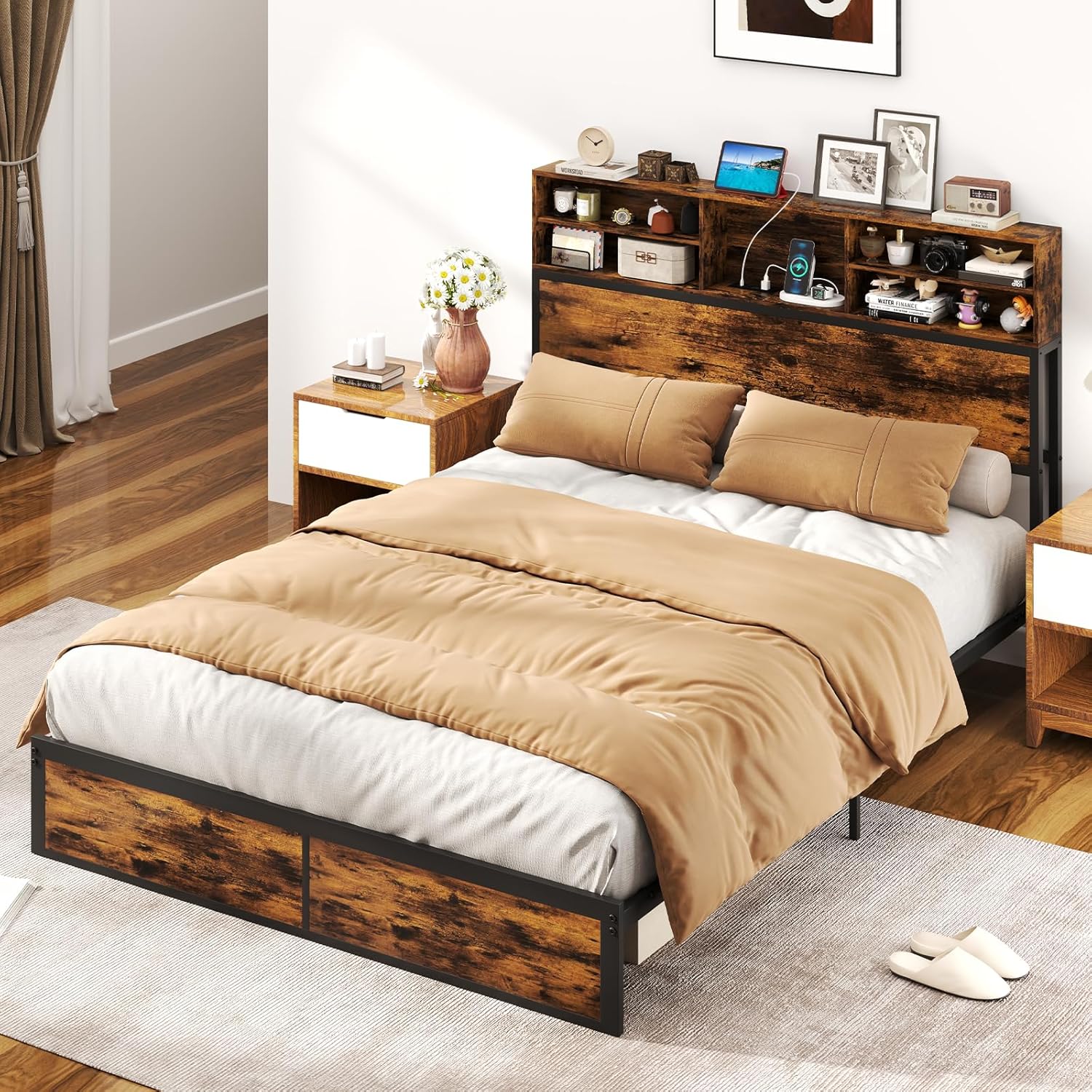 Giantex Bed Frame with Storage Headboard and Charging Station, Industrial Metal Platform Bed