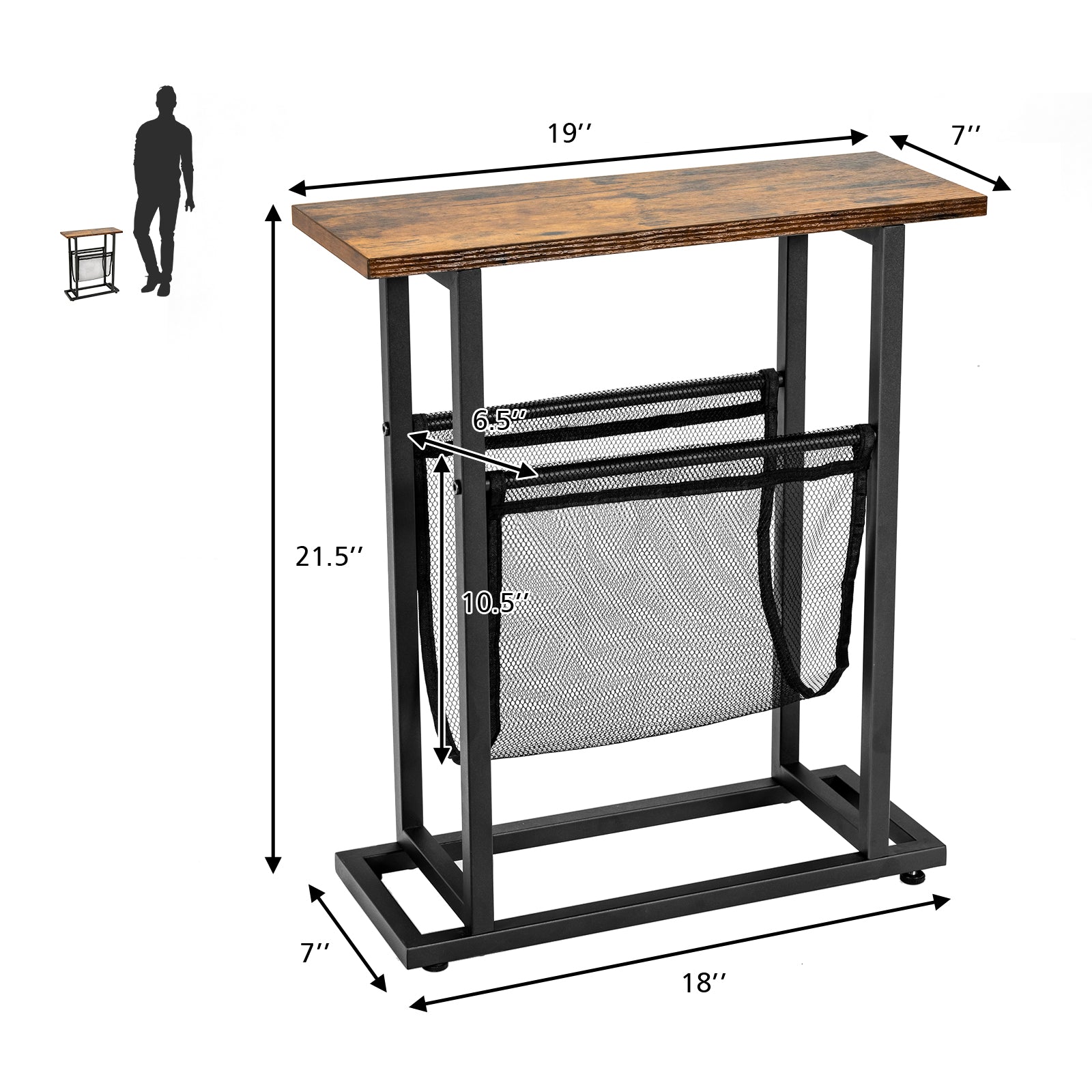 Giantex End Table Industrial 2-Tier Narrow Small Accent Table with Mesh Magazine Holder Sling