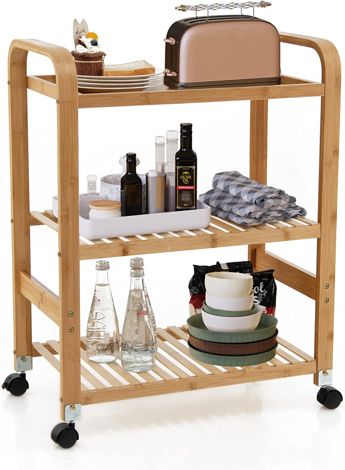 Giantex 4-Tier Bamboo Storage Cart, Rolling Utility Cart, Storage Rack on Wheels