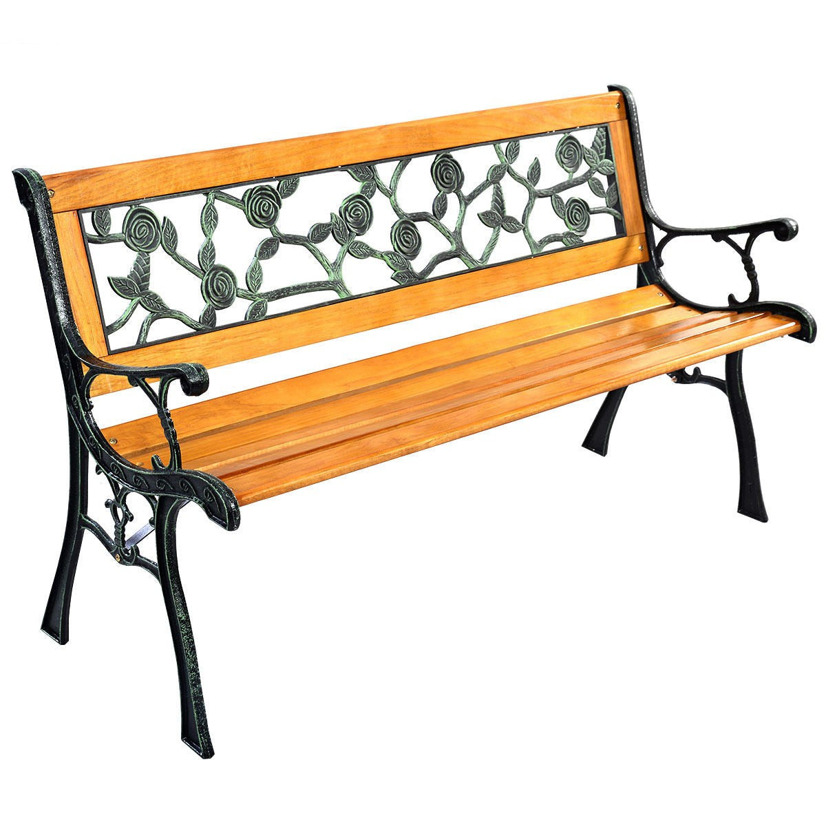 Giantex 50" Patio Park Garden Bench, Outdoor Furniture Rose Cast Iron Hardwood Frame Porch Loveseat for 2 Person Outdoor Clearance