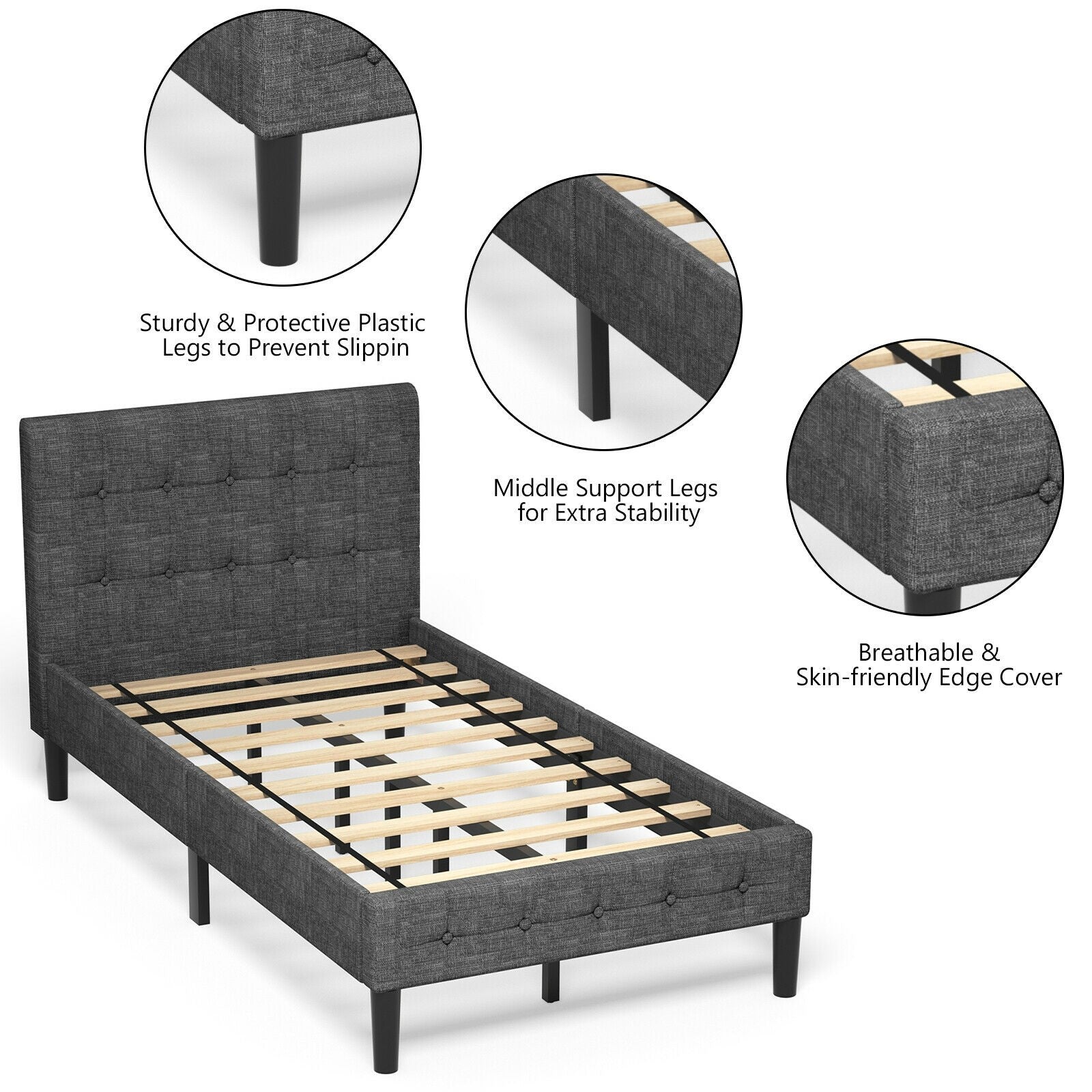 Platform Bed with Button Tufted Headboard | Upholstered Bed Frame
