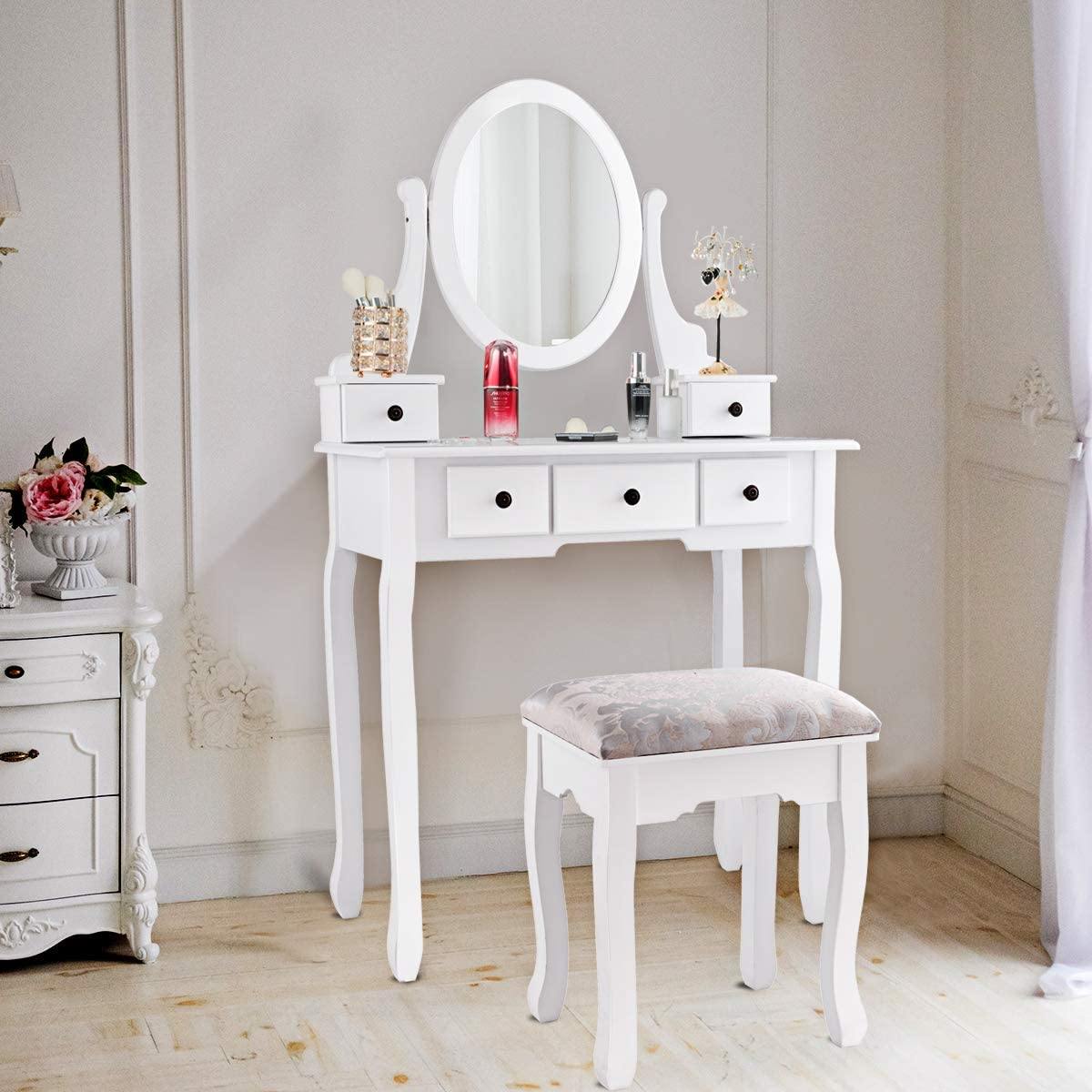 Vanity Set with Oval Mirror and 5 Drawers Girls Women Makeup Organizer Table, White - Giantexus