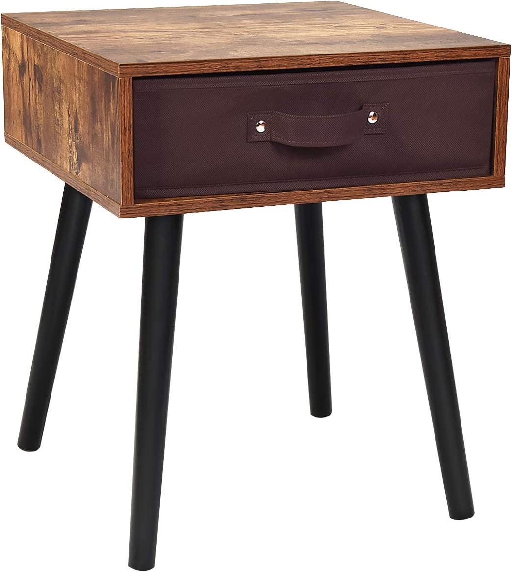 End Table Accent Bedside Table W/ 1 Removable Fabric Drawer and Solid Wooden Legs