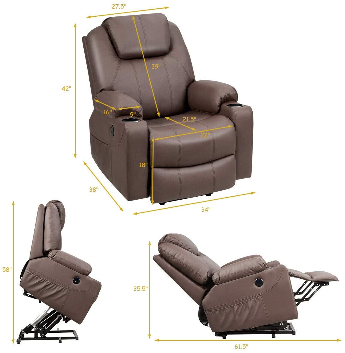 YONISEE Large Lift Chairs Recliner for Elderly - Dual Motor Power Lift Chair  Modern with Massage and Heat, Extended Footrest, 3 Positions, 2 Side  Pockets, and Cup Holders, USB Ports, Brown 