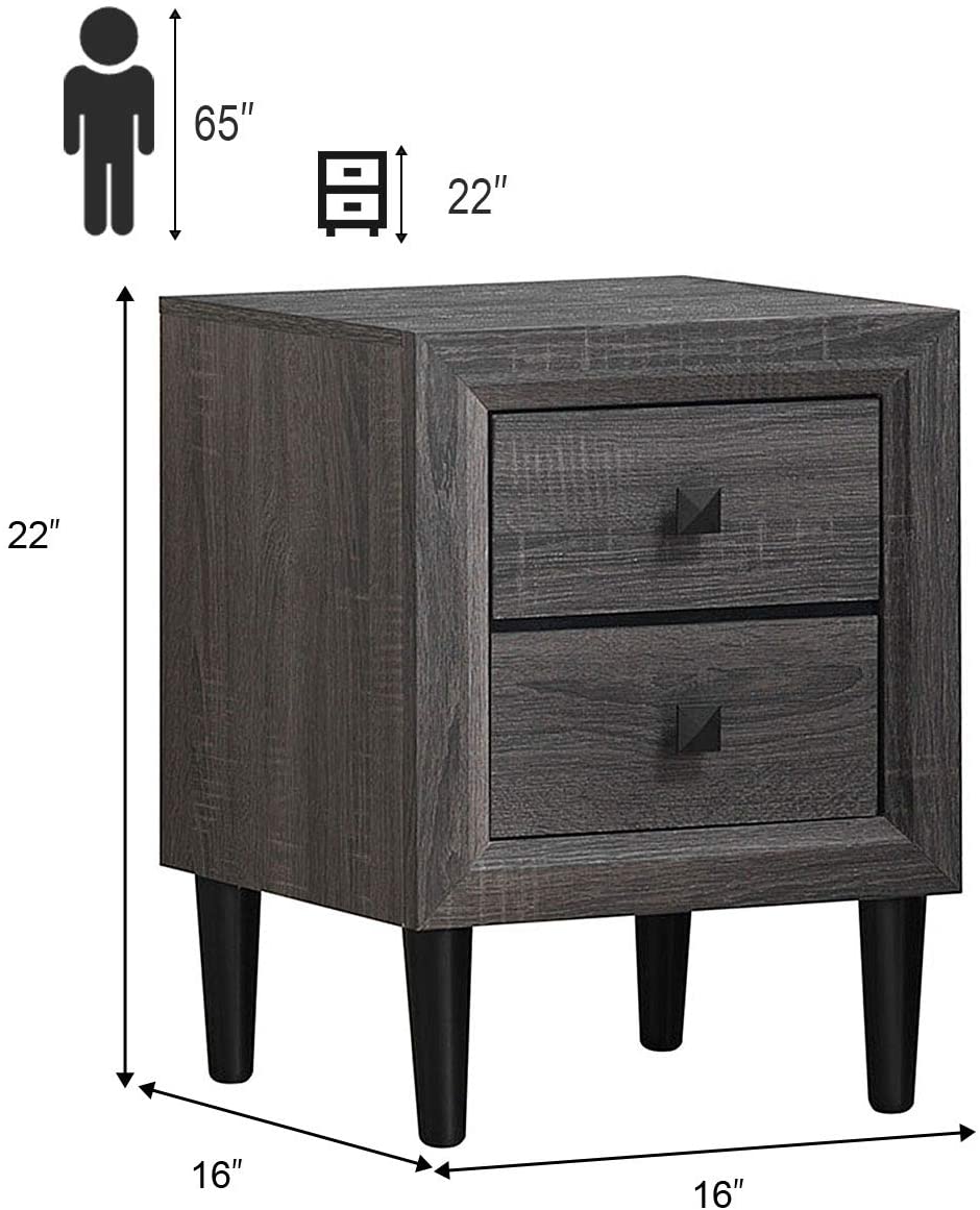 Nightstand Wooden W/Two Storage Drawers and Handles