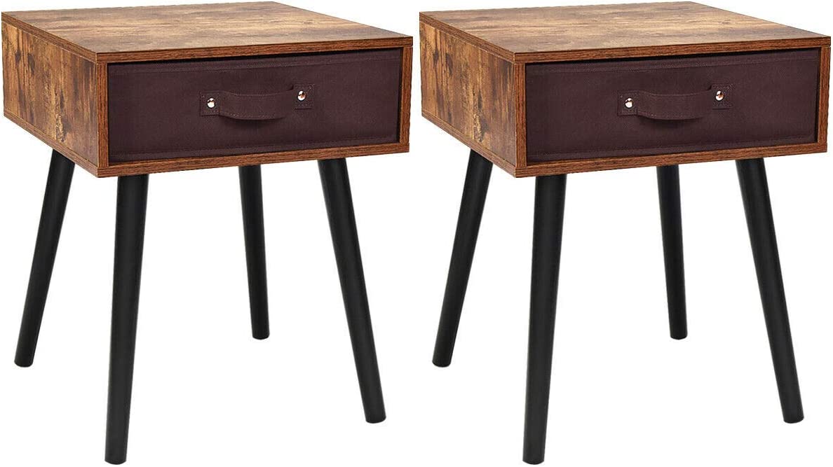 End Table Accent Bedside Table W/ 1 Removable Fabric Drawer and Solid Wooden Legs