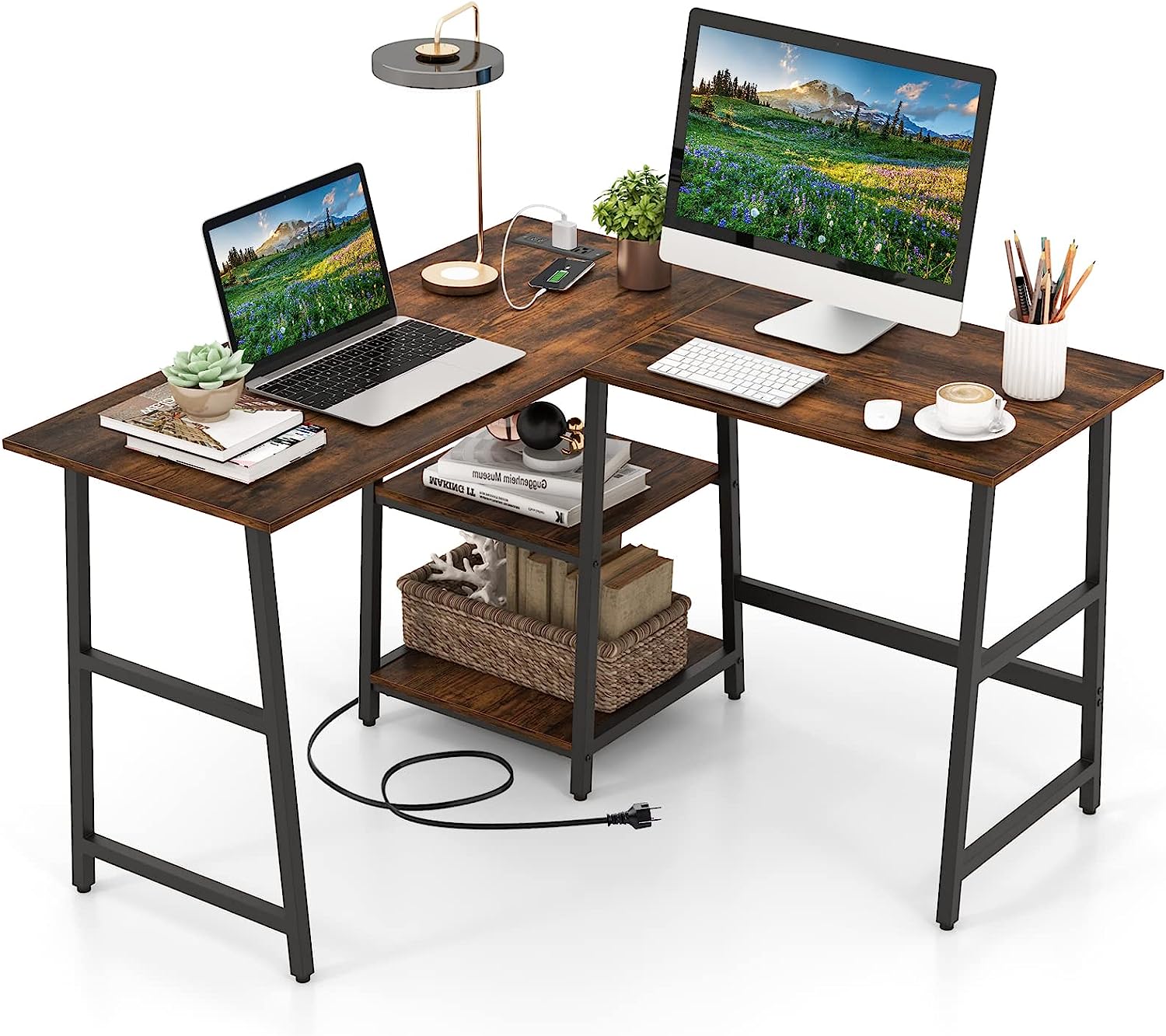 Giantex L Shaped Desk with Power Outlets & USB Ports, 48" Corner Gaming Desk with 2 Tier Storage Shelves