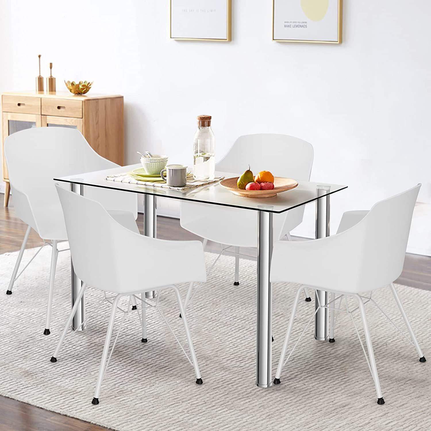 Giantex 5-Piece Dining Table Set, Kitchen Table with Tempered Glass Table Top and 4 Chairs (White)