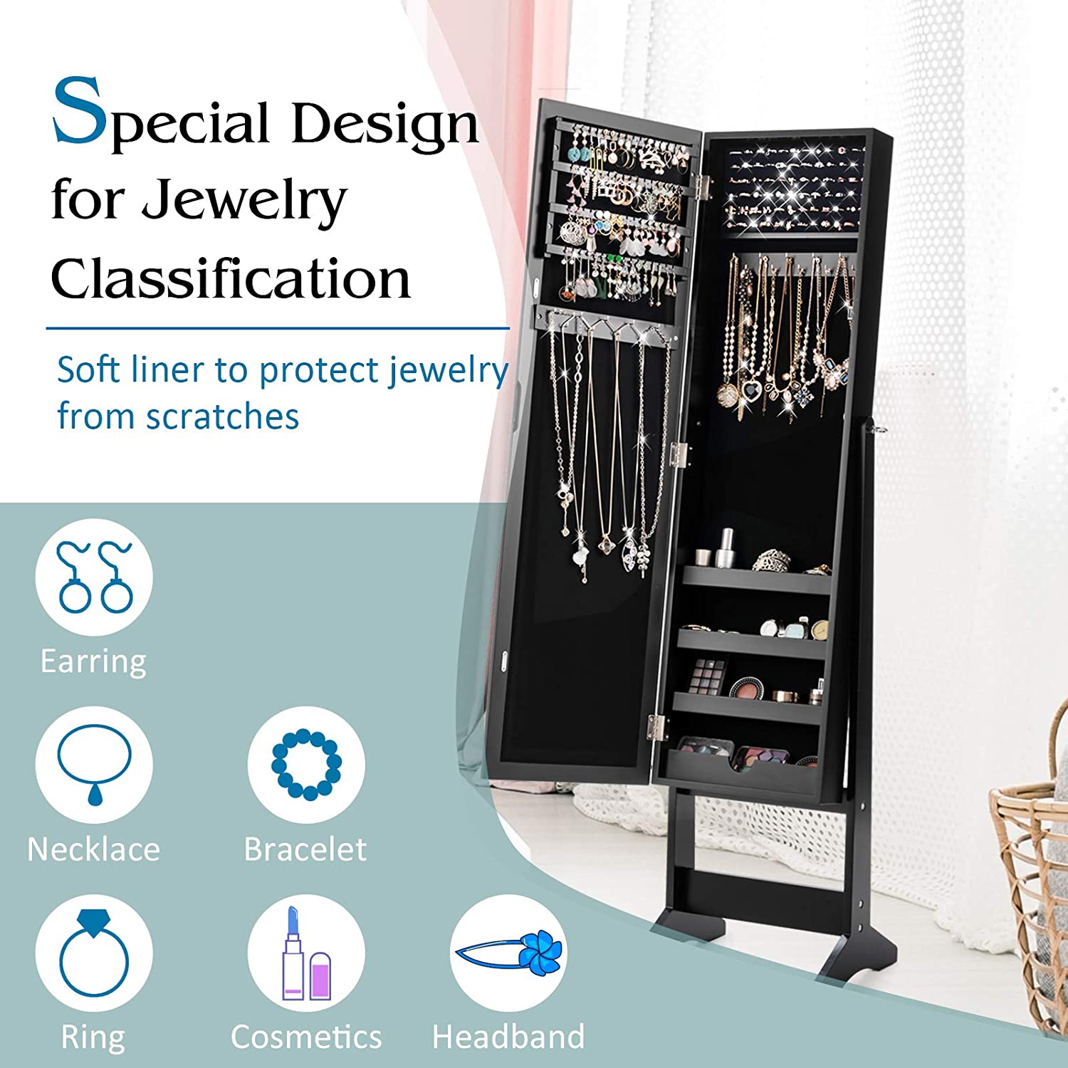 Jewelry Cabinet with Full-Length Mirror, Standing Jewelry Armoire Organizer