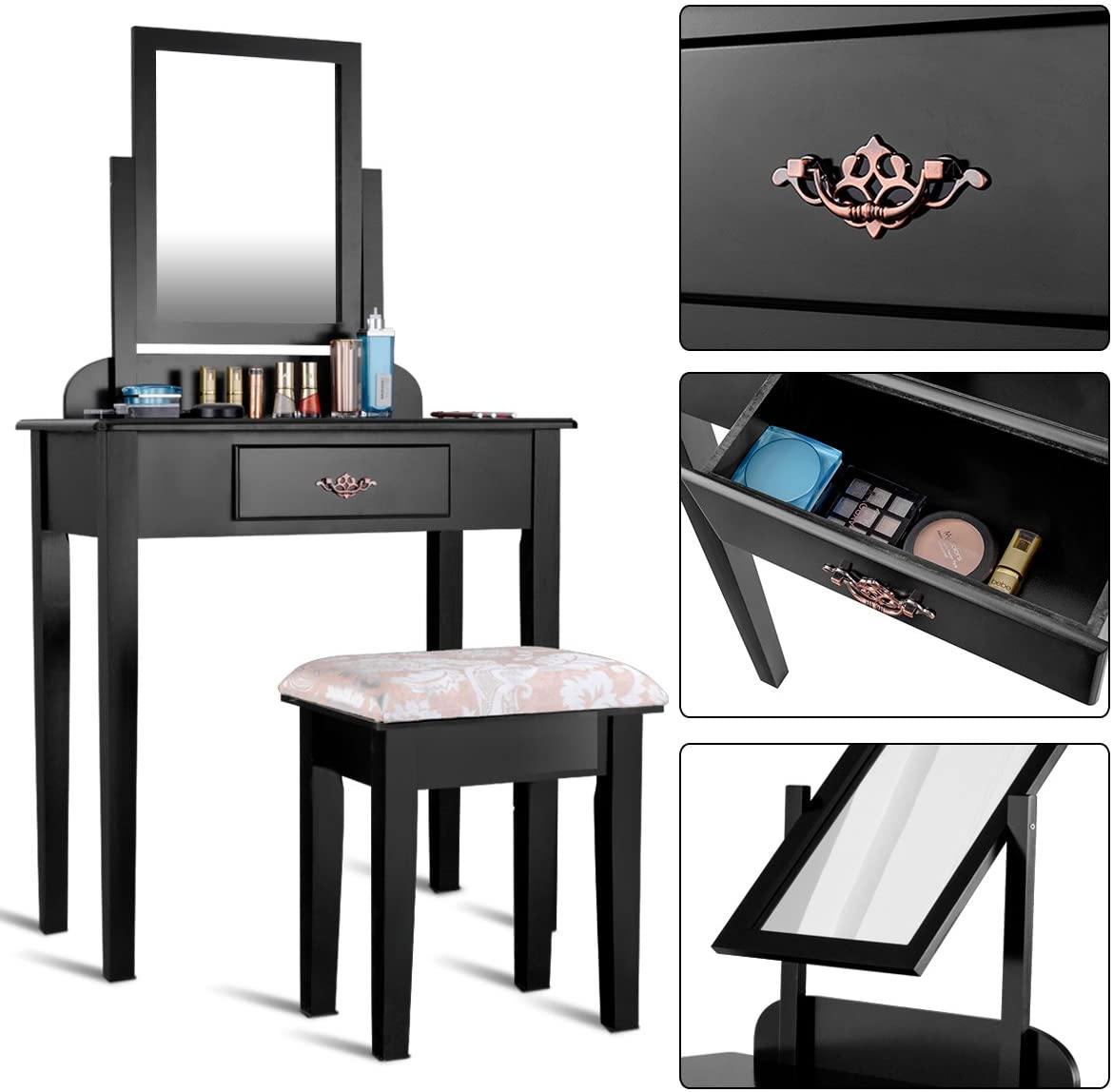 Vanity Dressing Table Stool Set Vanity Tables with Drawers, Black??1 Drawer????o? - Giantexus