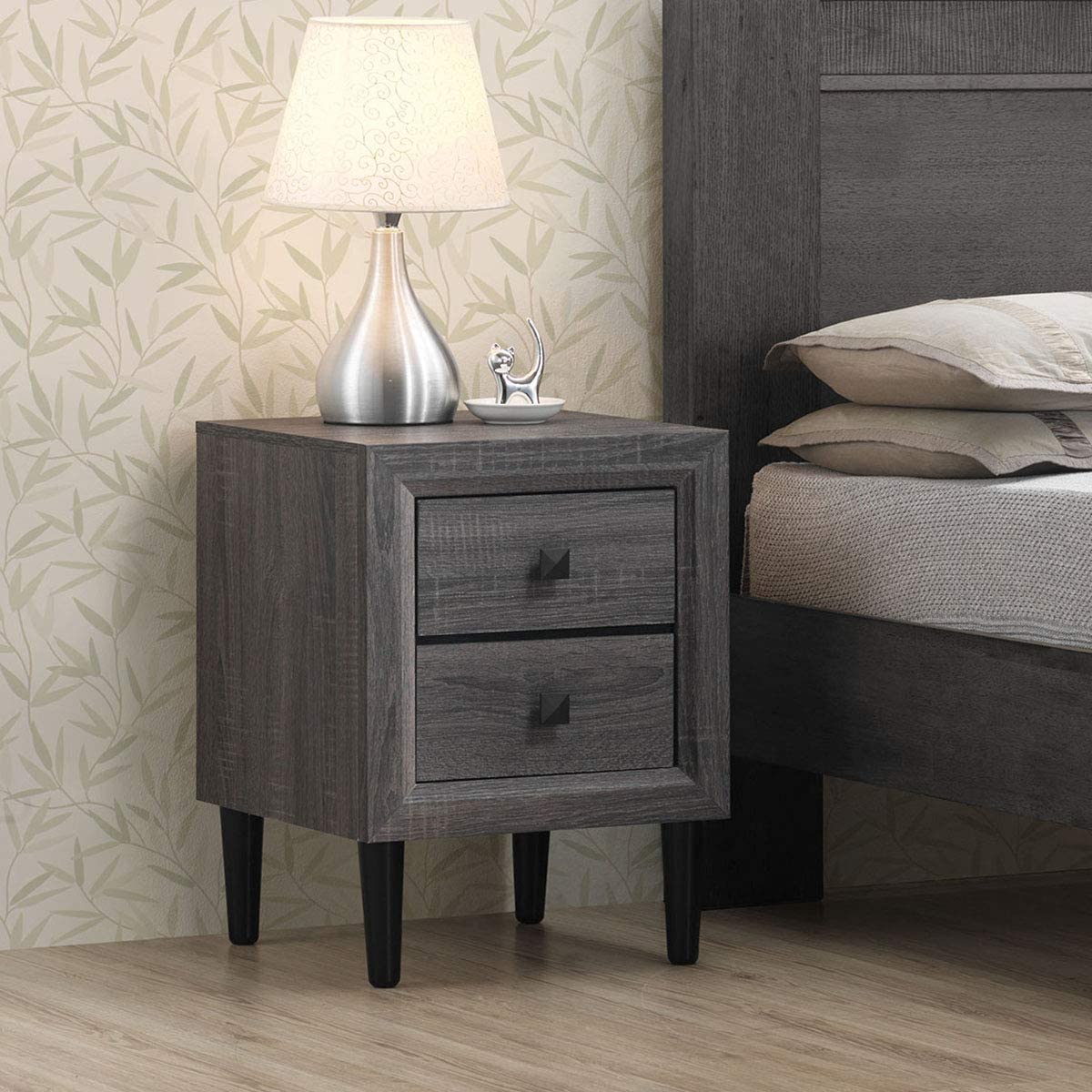 Nightstand Wooden W/Two Storage Drawers and Handles