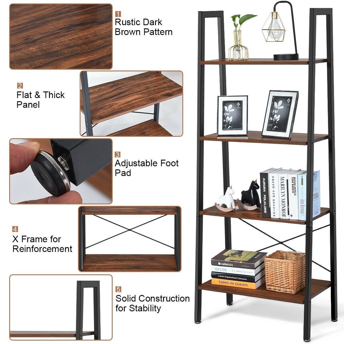 Ladder Shelf 4-Tier Industrial Bookshelf Storage Rack - Giantexus