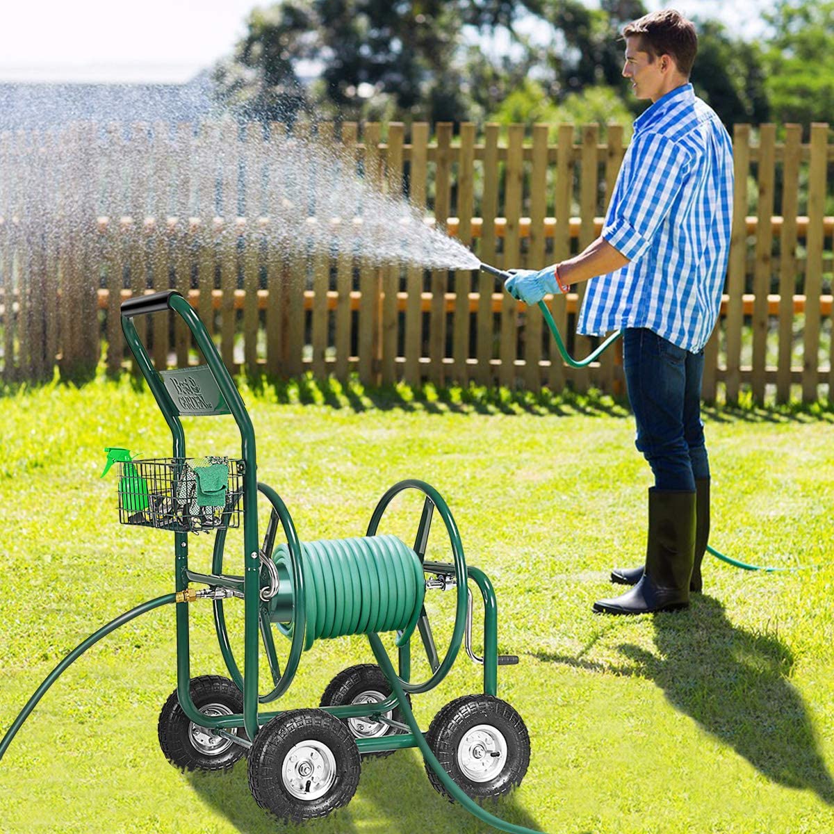 Garden Hose Reel Cart 4-Wheel Lawn Watering Outdoor Heavy Duty