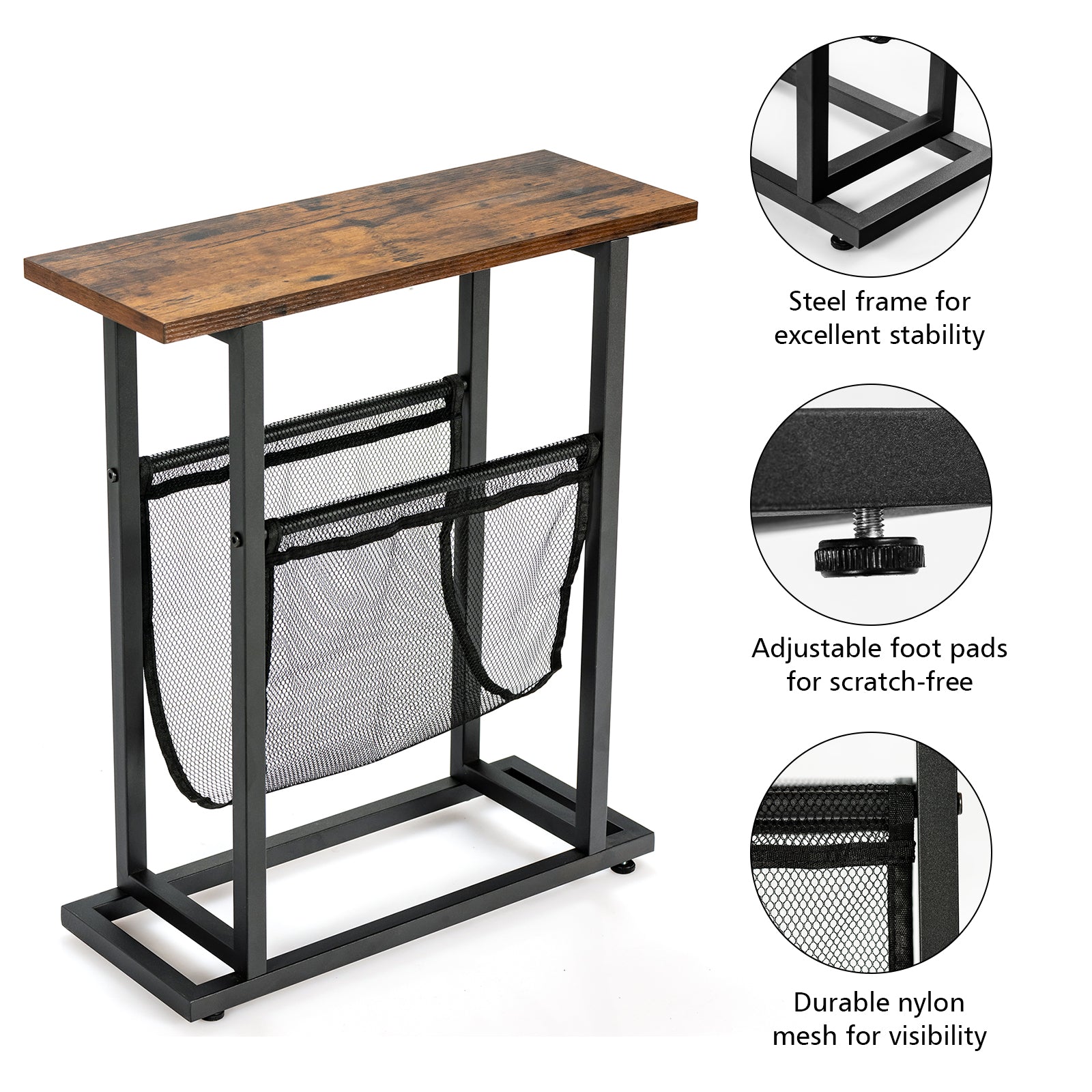 Giantex End Table Industrial 2-Tier Narrow Small Accent Table with Mesh Magazine Holder Sling