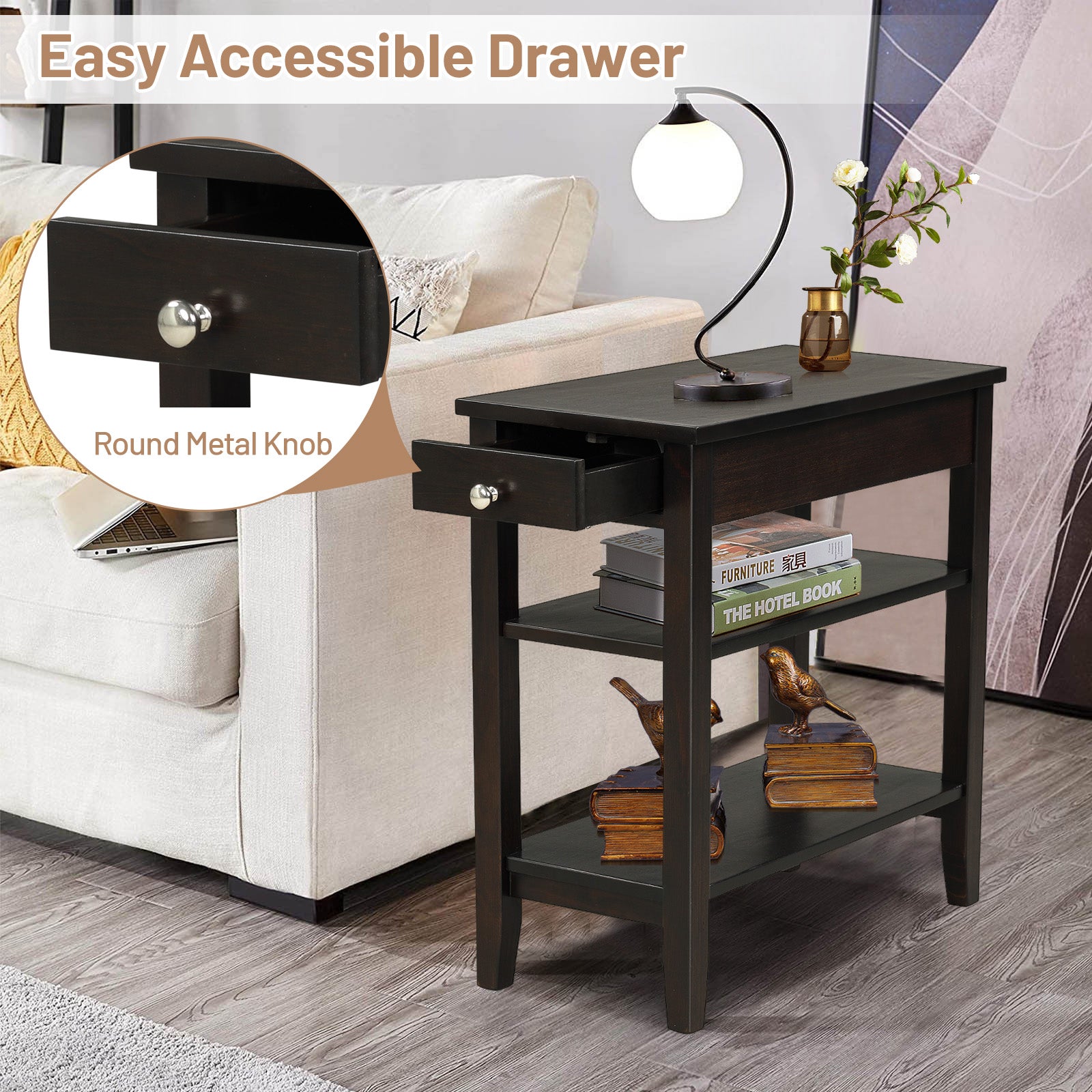 Giantex End Table Sofa Side Table with Drawer, 3-Tier Nightstand with Storage Shelves