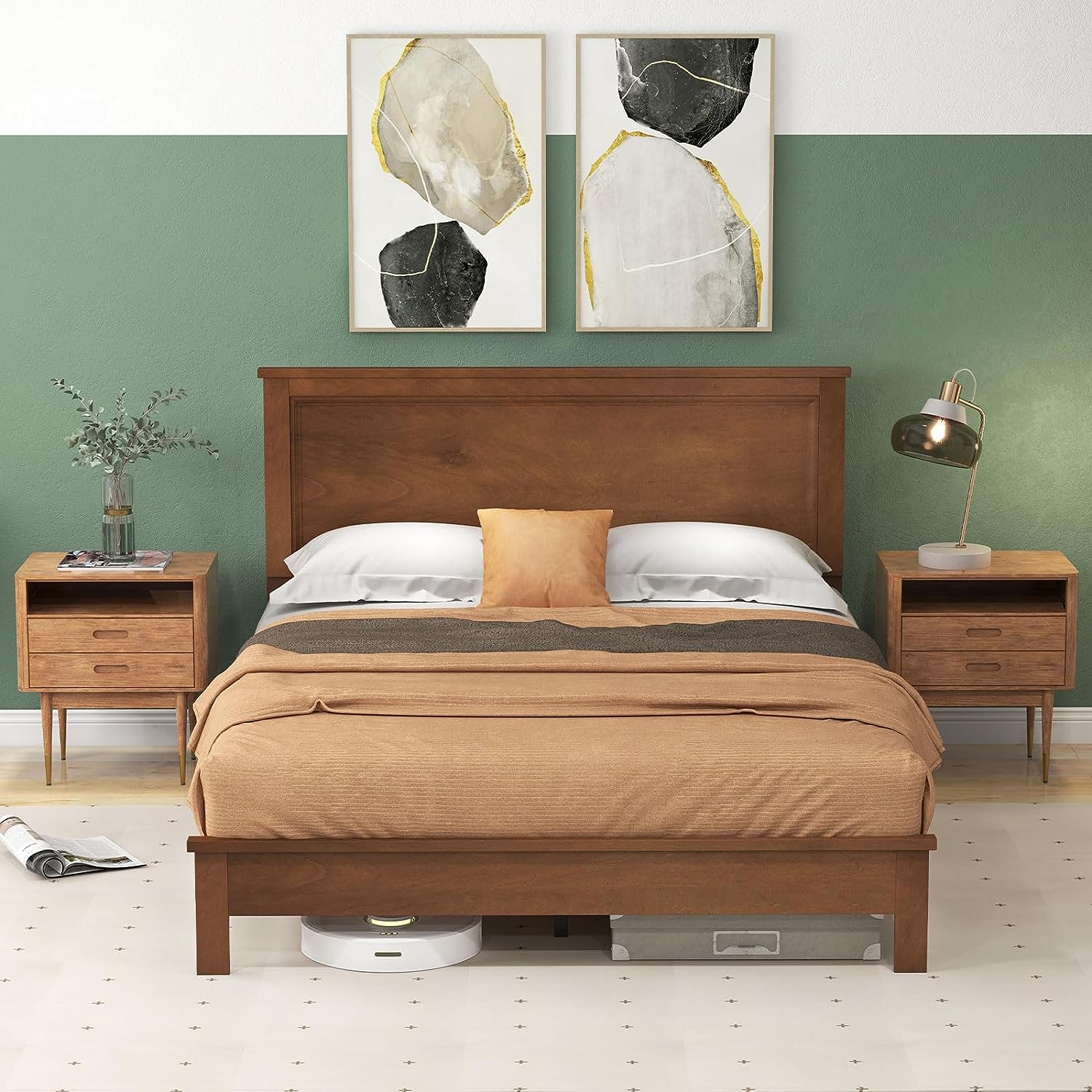 Giantex Wood Platform Bed Frame with Headboard, Mid Century Bed Frame with Solid Wood Legs & Wooden Slat Support