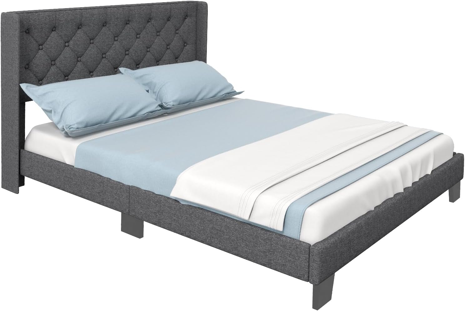 Giantex Bed Frame with Button Tufted Headboard, Modern Fabric Upholstered Platform Bed with Wingback Design, Grey
