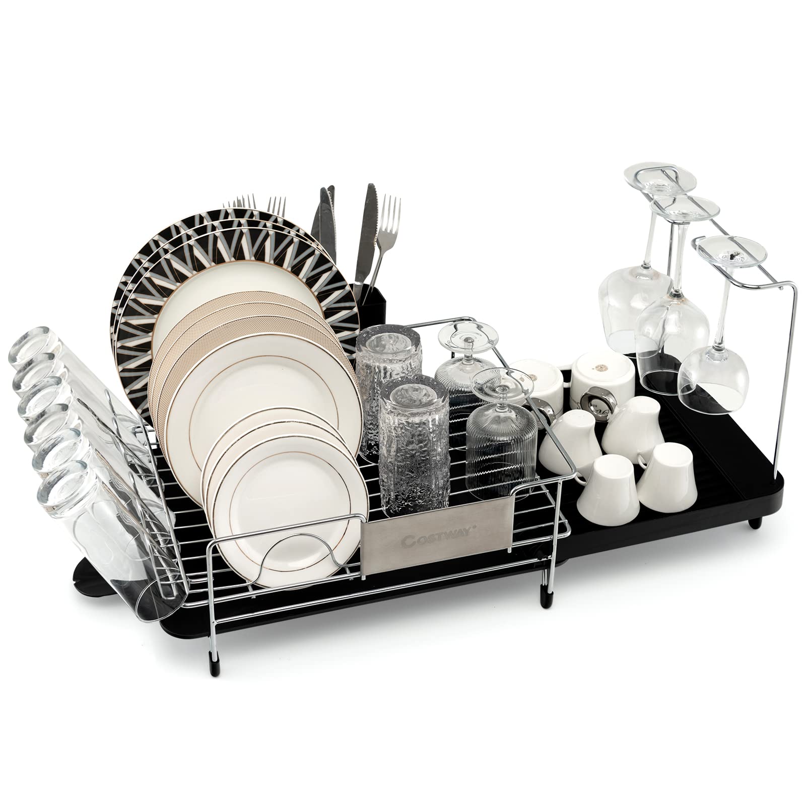 Aluminum Expandable Dish Drying Rack with Drainboard and Rotatable Drainage  Spout - Costway