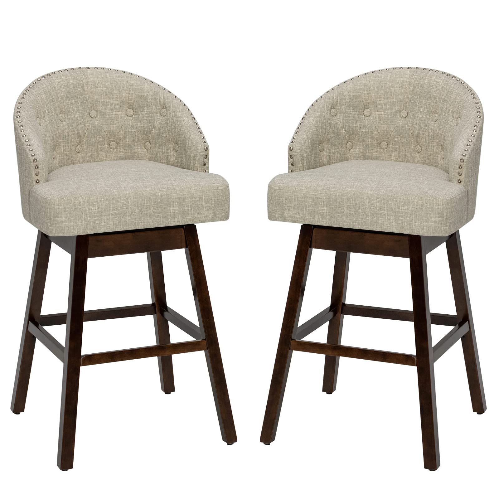 Bar Stools Set of 2, 31’’ Swivel Bar Stools with Rubber Wood Legs & Padded Back